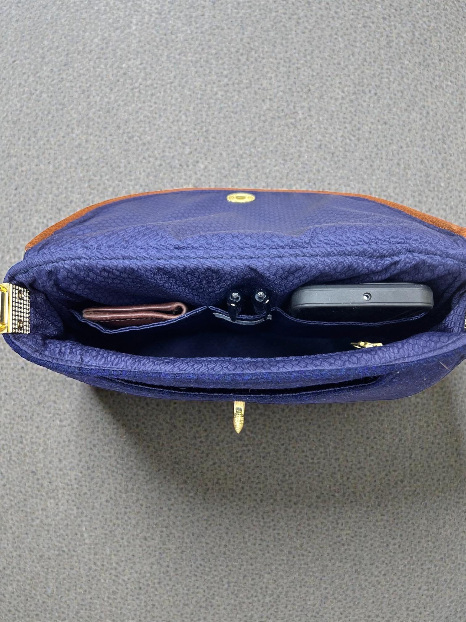 Crossbody Harris Tweed Glenwillow Saddle Bag Purse, Classic Handmade Navy Blue Scottish Wool Handbag, Adjustable Faux Leather Strap Satchel