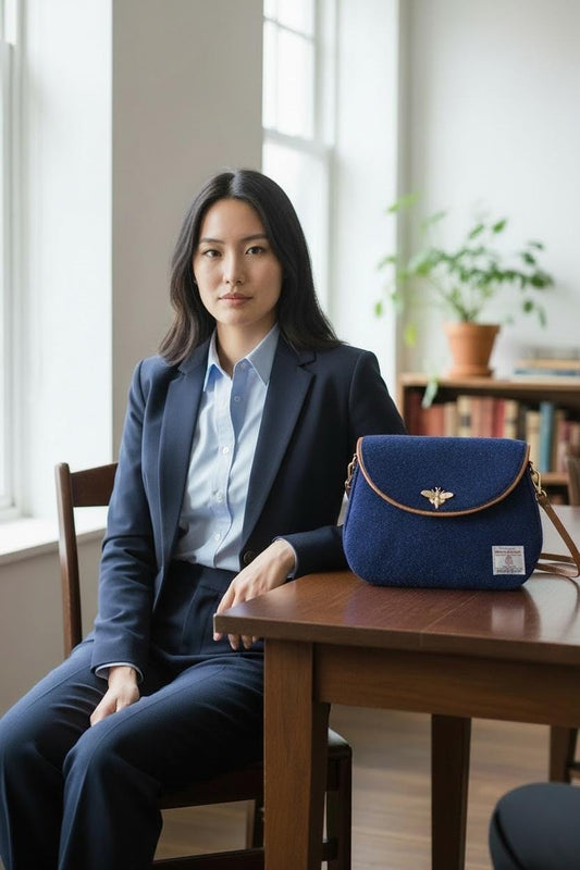 Crossbody Harris Tweed Glenwillow Saddle Bag Purse, Classic Handmade Navy Blue Scottish Wool Handbag, Adjustable Faux Leather Strap Satchel