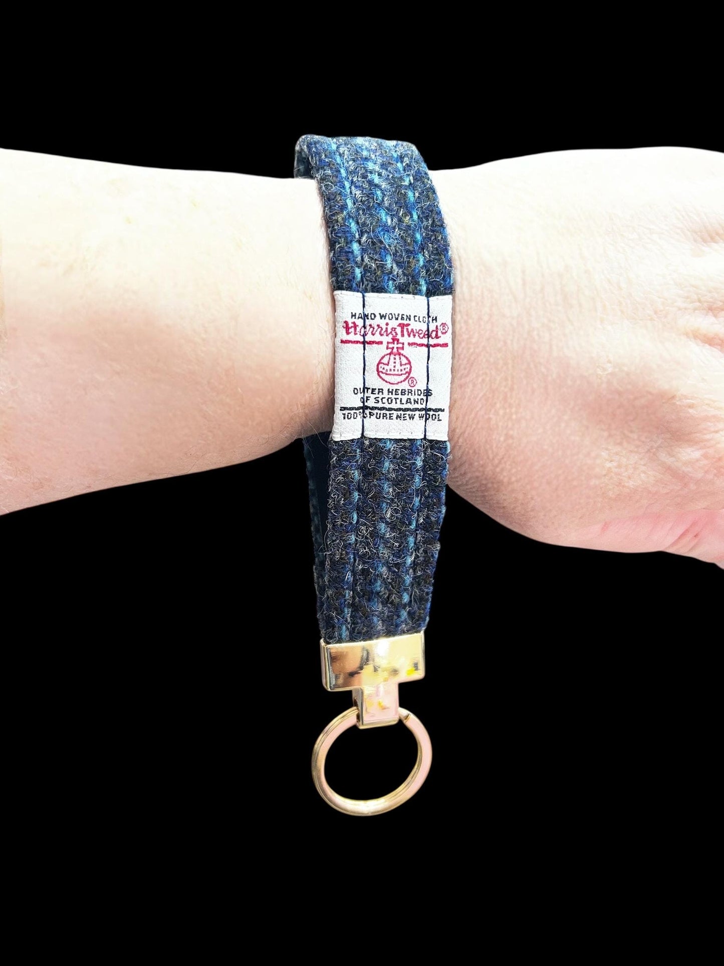 Harris Tweed Key Fob, Denim Light Blue Stripe Wristlet Strap