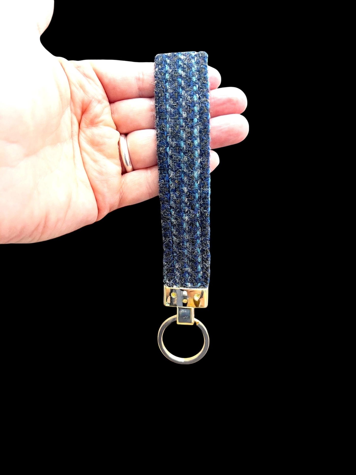 Harris Tweed Key Fob, Denim Light Blue Stripe Wristlet Strap