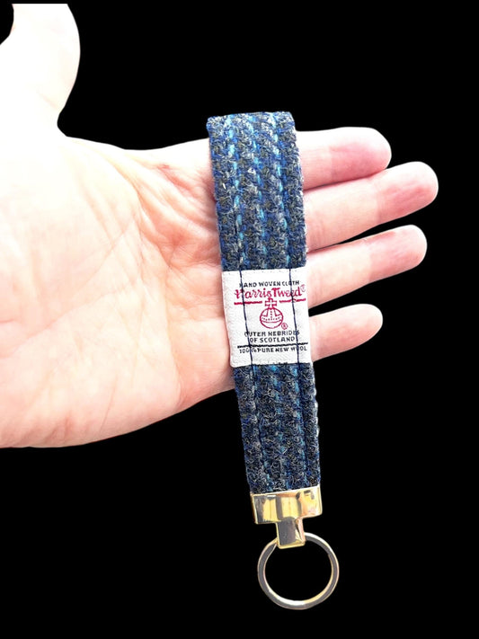 Harris Tweed Key Fob, Denim Light Blue Stripe Wristlet Strap