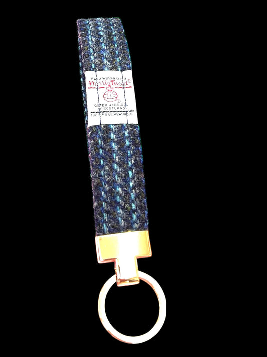 Harris Tweed Key Fob, Denim Light Blue Stripe Wristlet Strap