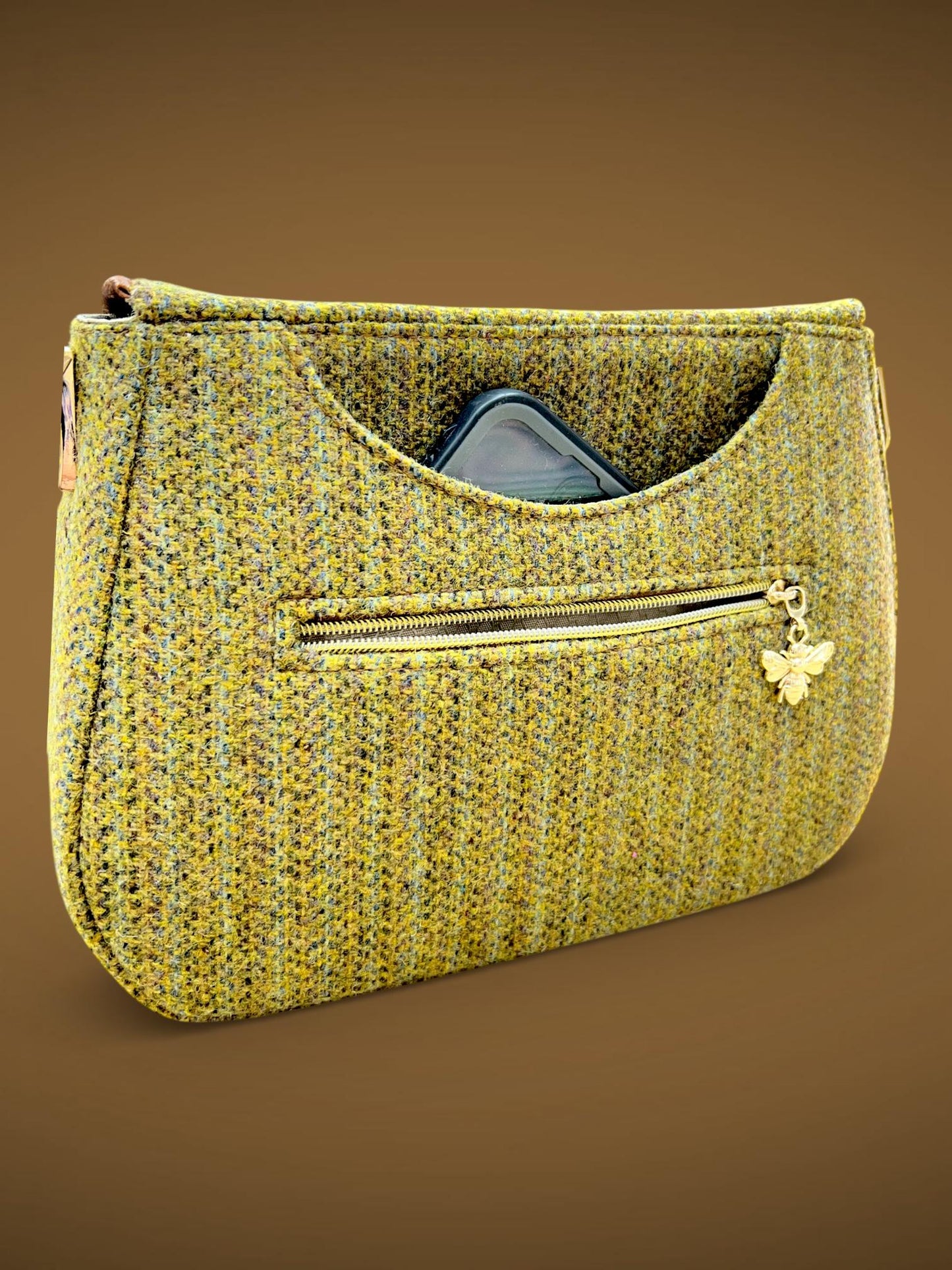 Harris Tweed Saddle Bag, Green Wool Crossbody with Bee Clasp