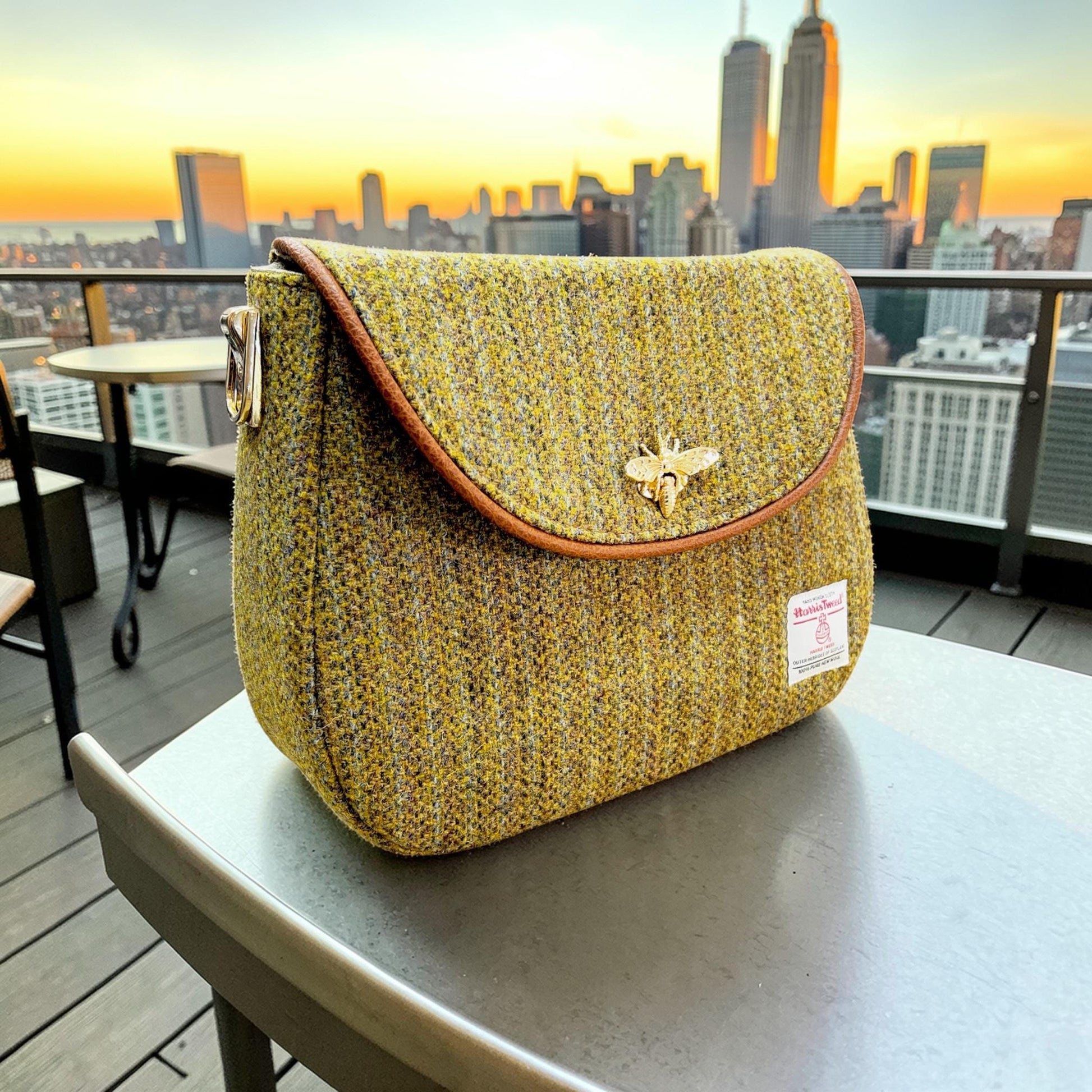 Harris Tweed Saddle Bag, Green Wool Crossbody with Bee Clasp