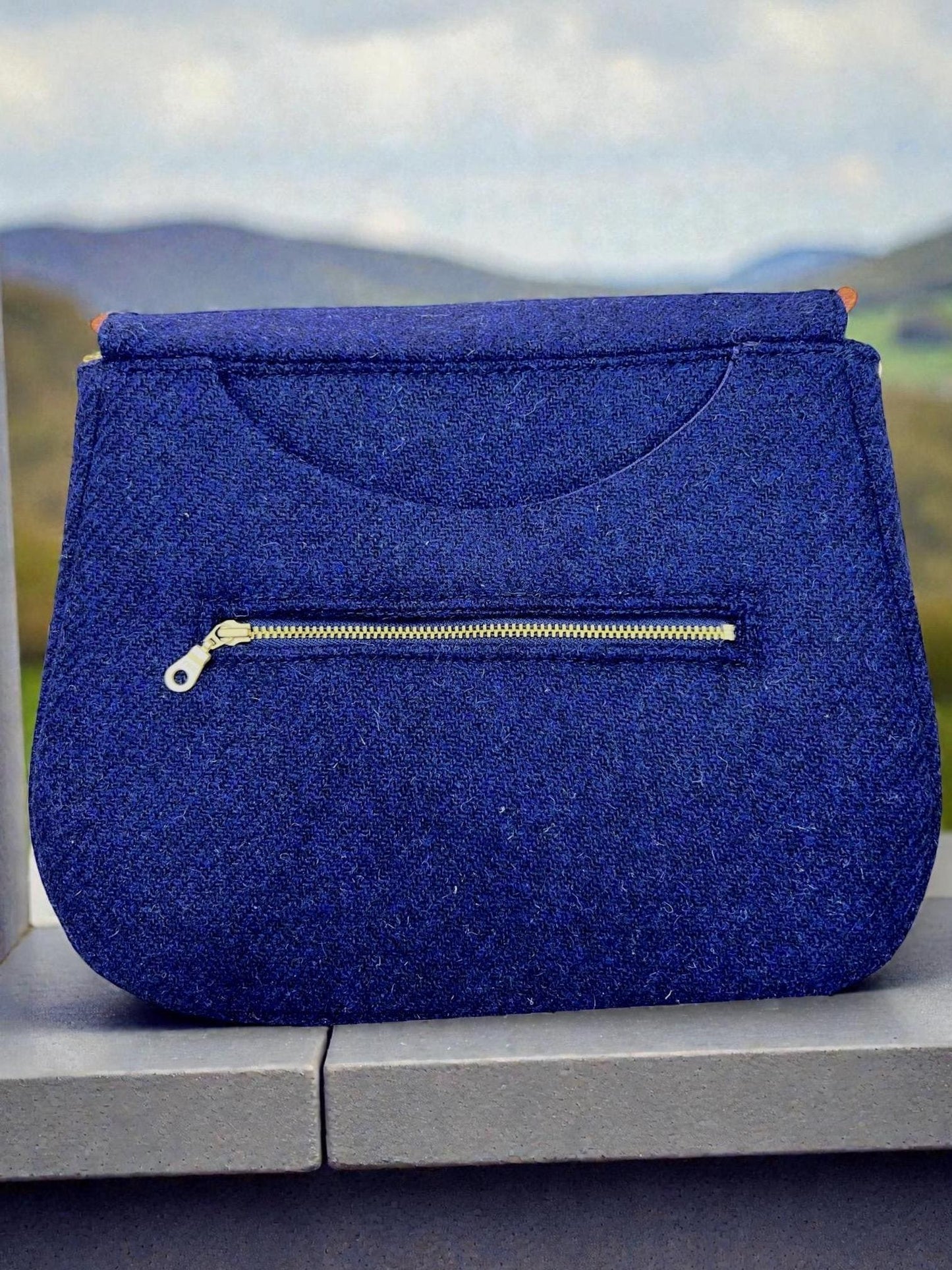 Crossbody Harris Tweed Glenwillow Saddle Bag Purse, Classic Handmade Navy Blue Scottish Wool Handbag, Adjustable Faux Leather Strap Satchel