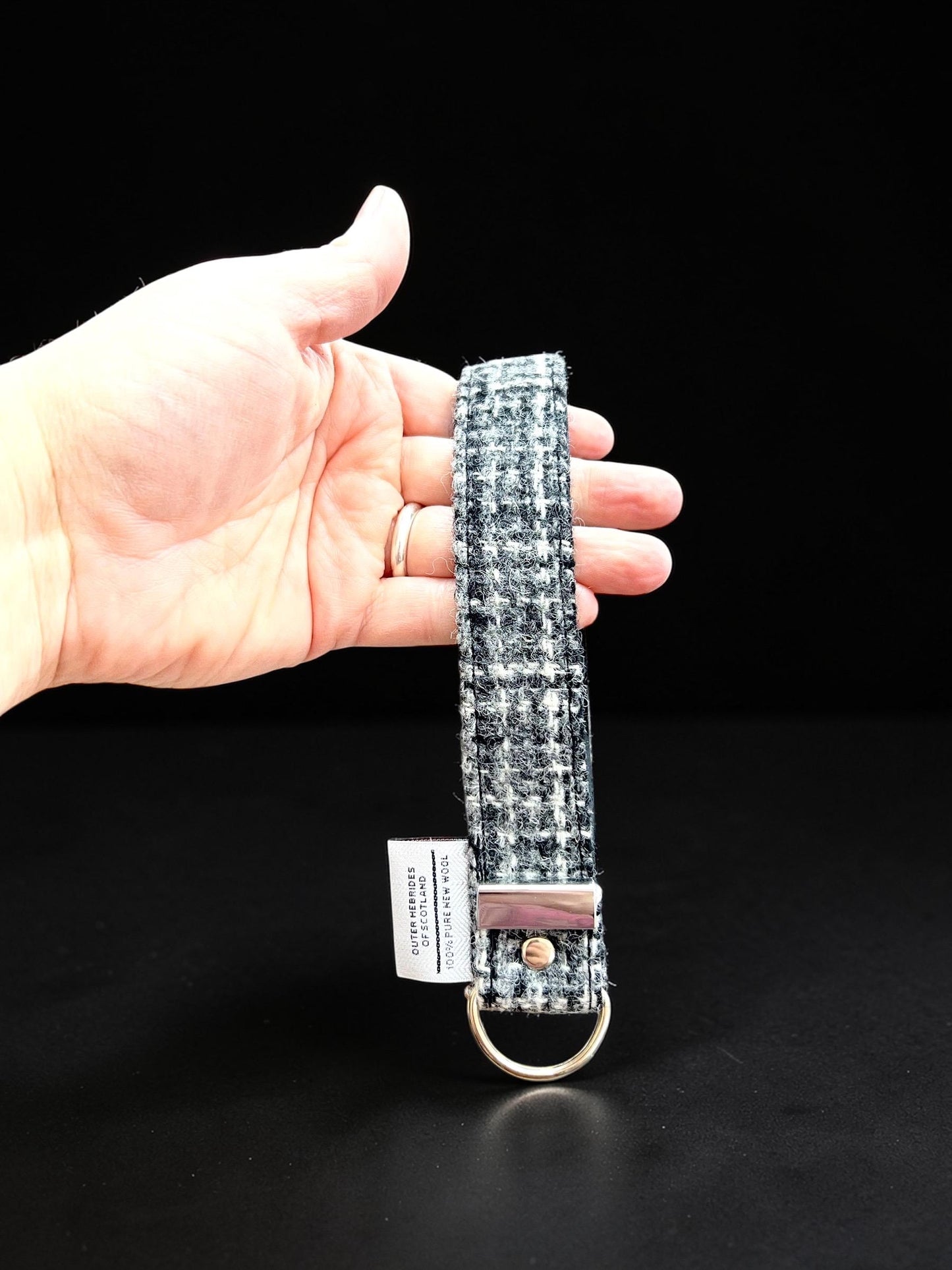 Harris Tweed Key Fob, Black White Gray Crosshatch Strap for Handsfree Organization, Small Gift for Spring Birthdays