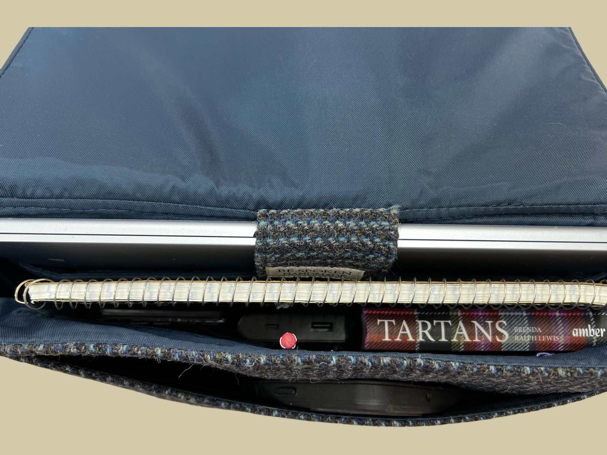 Denim Blue Stripe Harris Tweed Laptop Messenger Bag, Professional Casual Crossbody Computer Satchel, Soft Sided Briefcase with Tech Sleeve