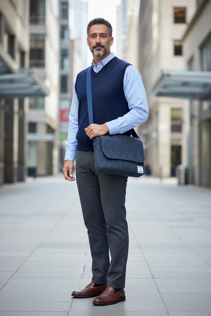Denim Blue Stripe Harris Tweed Laptop Messenger Bag, Professional Casual Crossbody Computer Satchel, Soft Sided Briefcase with Tech Sleeve