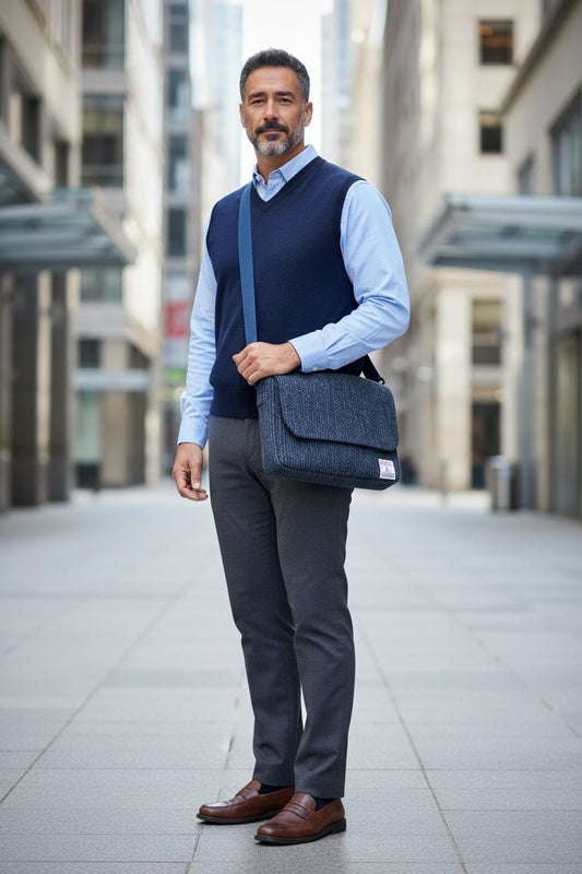 Denim Blue Stripe Harris Tweed Laptop Messenger Bag, Professional Casual Crossbody Computer Satchel, Soft Sided Briefcase with Tech Sleeve