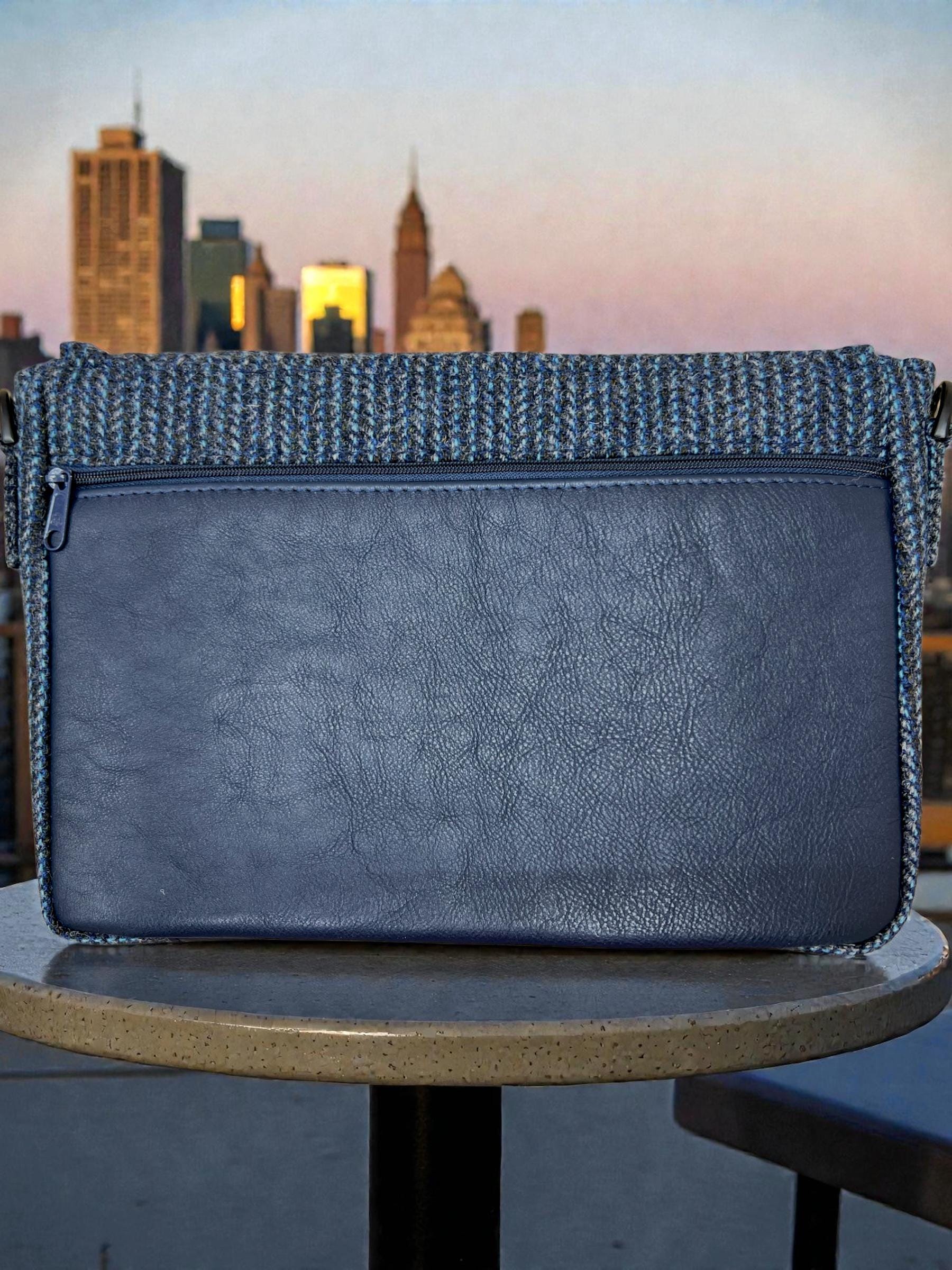 Denim Blue Stripe Harris Tweed Laptop Messenger Bag, Professional Casual Crossbody Computer Satchel, Soft Sided Briefcase with Tech Sleeve