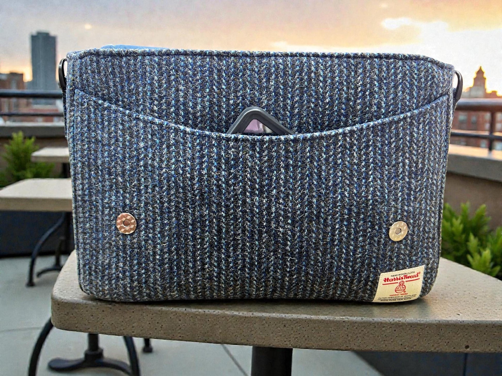 Denim Blue Stripe Harris Tweed Laptop Messenger Bag, Professional Casual Crossbody Computer Satchel, Soft Sided Briefcase with Tech Sleeve