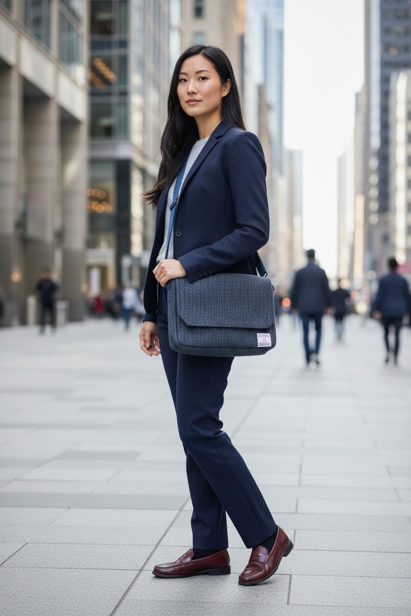 Denim Blue Stripe Harris Tweed Laptop Messenger Bag, Professional Casual Crossbody Computer Satchel, Soft Sided Briefcase with Tech Sleeve