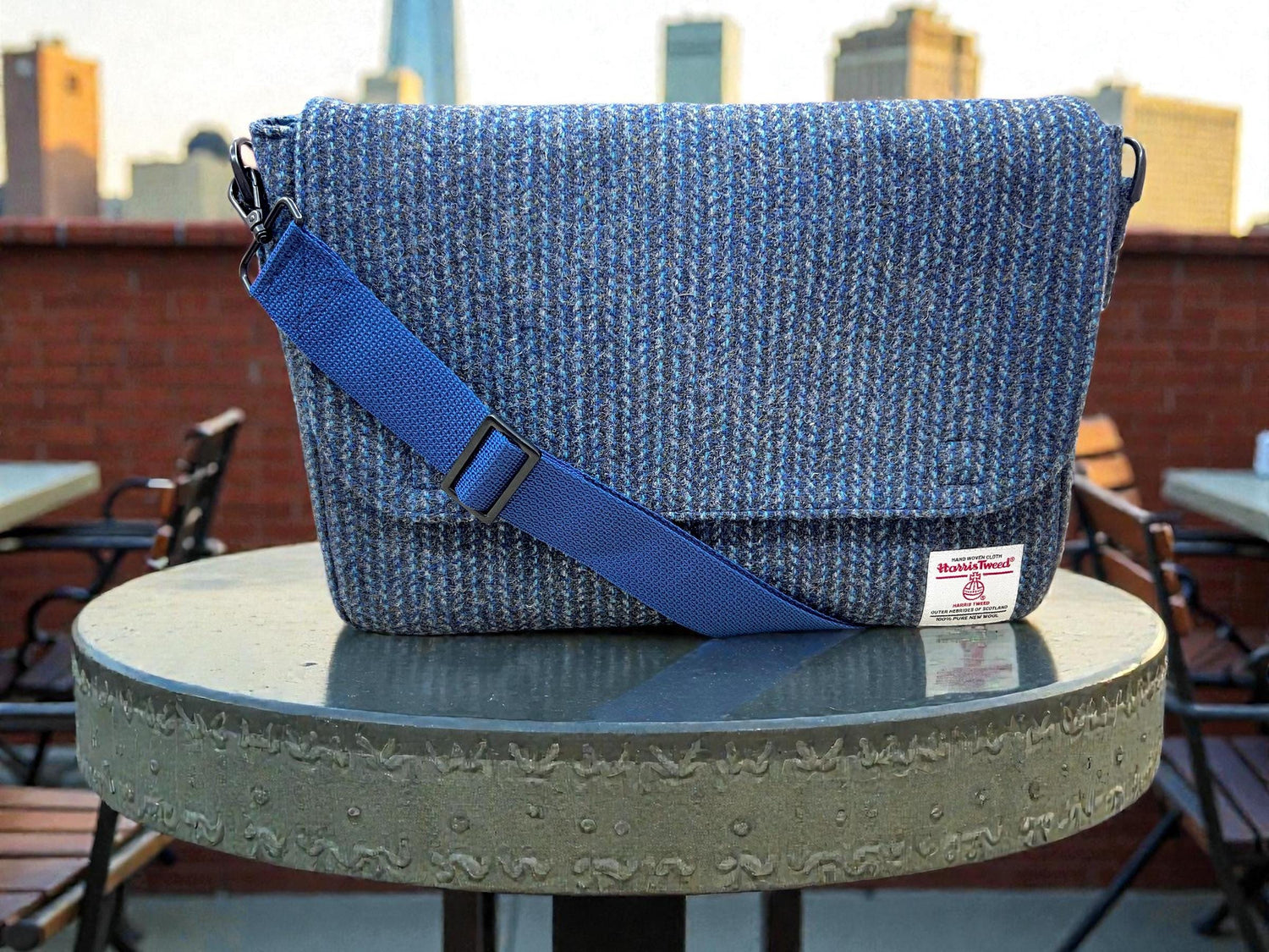 Denim Blue Stripe Harris Tweed Laptop Messenger Bag, Professional Casual Crossbody Computer Satchel, Soft Sided Briefcase with Tech Sleeve