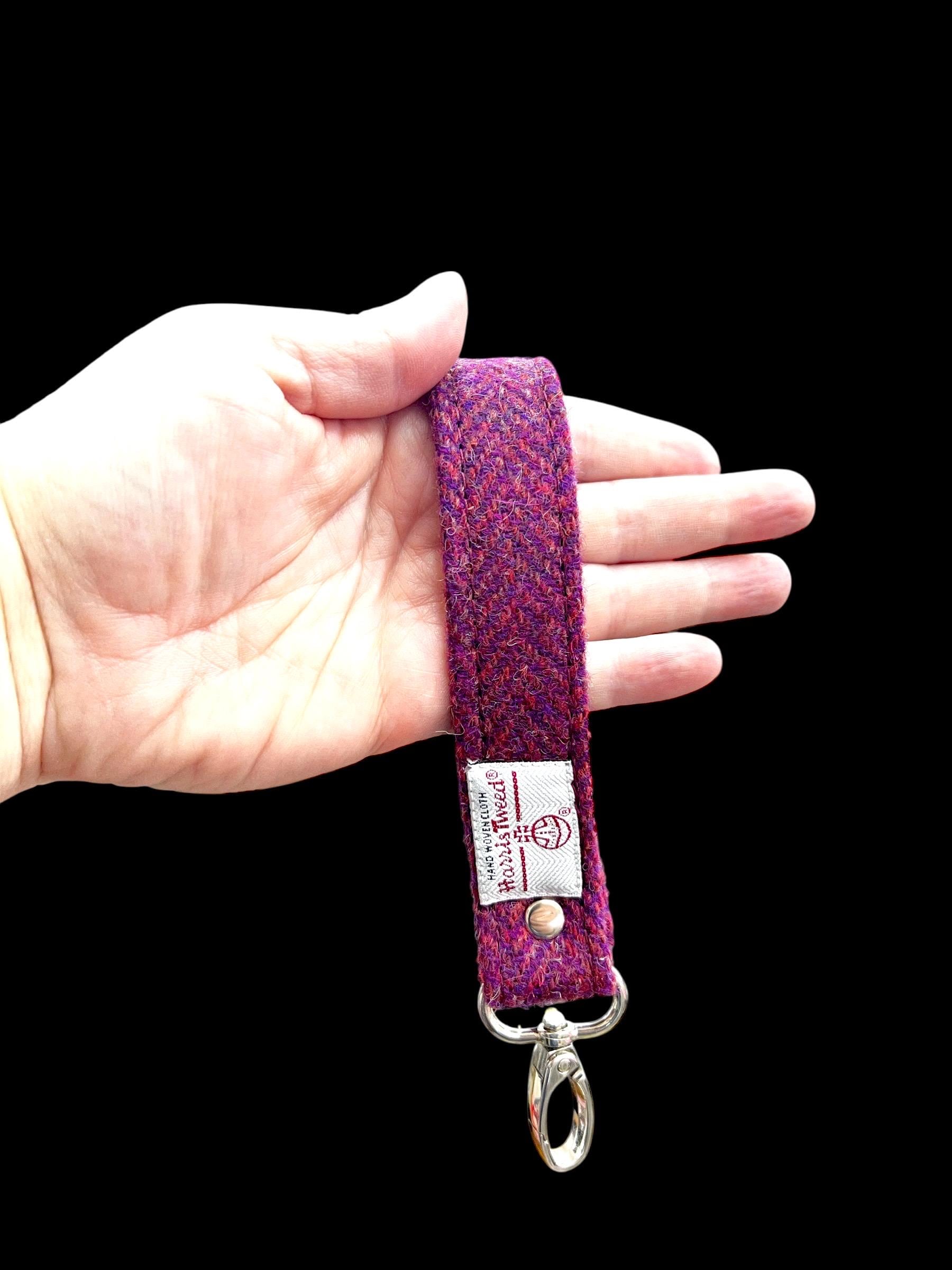 Harris Tweed Key Fob, Raspberry Pink Purple Herringbone Wristlet Strap