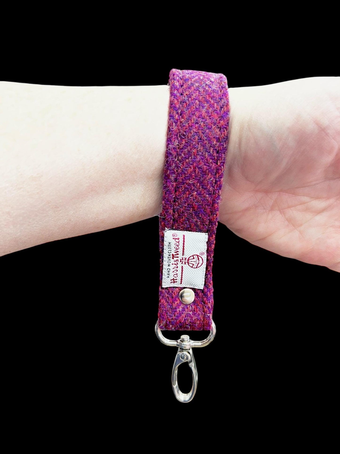 Harris Tweed Key Fob, Raspberry Pink Purple Herringbone Wristlet Strap
