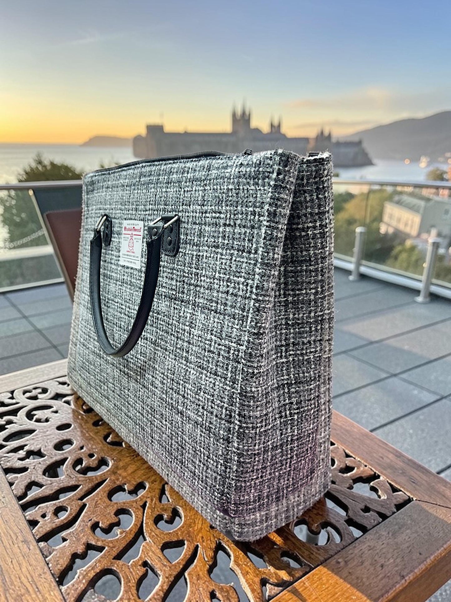 Harris Tweed Laptop Tote Bag, Scottish Wool Work Handbag, Structured Zipper Purse