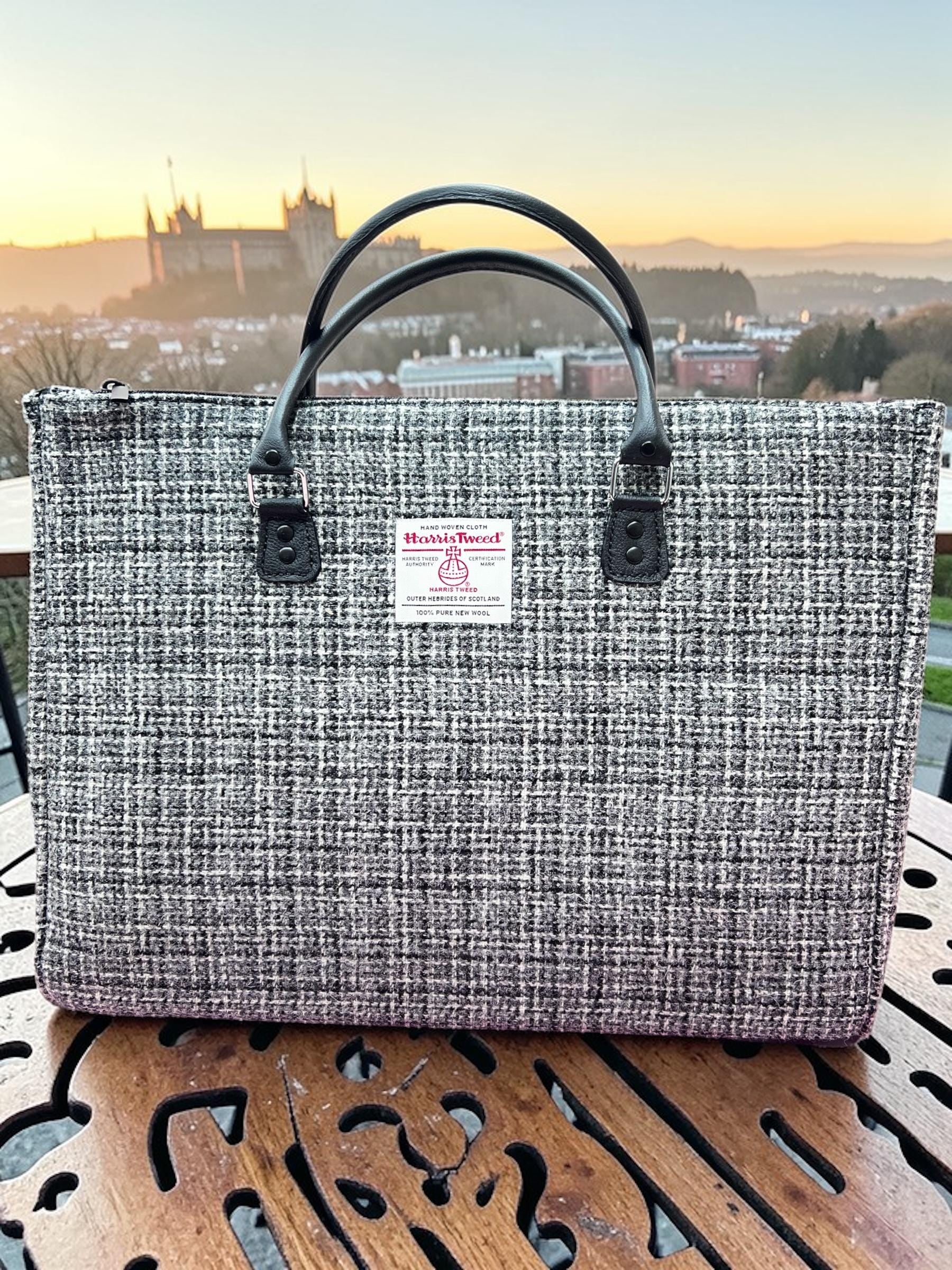 Harris Tweed Laptop Tote Bag, Scottish Wool Work Handbag, Structured Zipper Purse