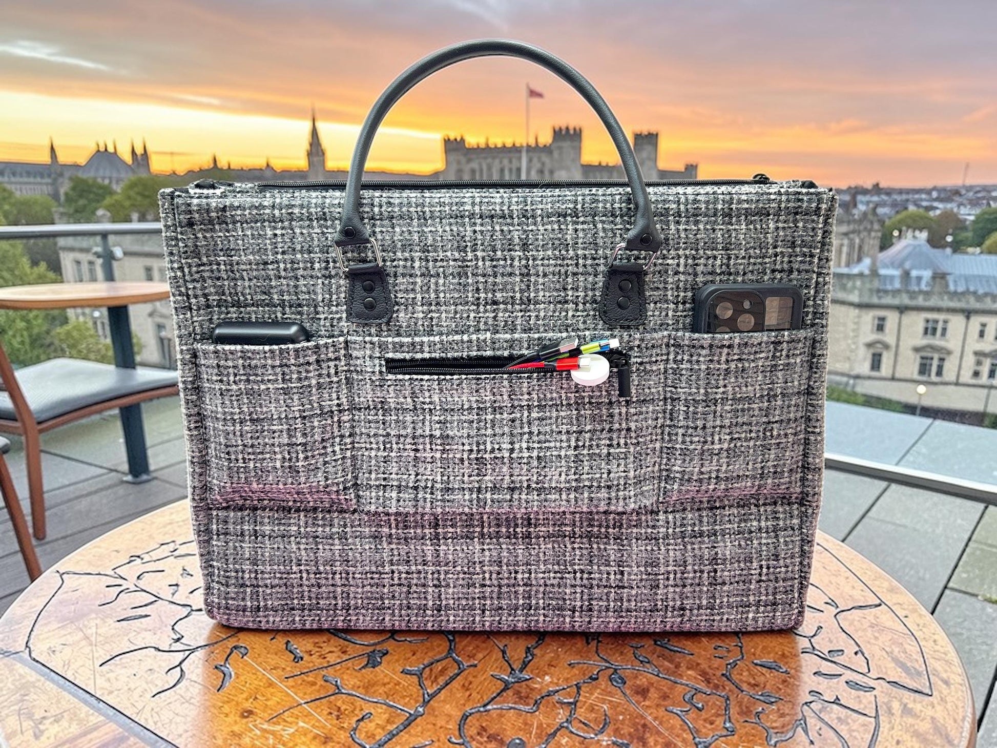 Harris Tweed Large Soft Sided Briefcase, Scottish Wool Purse, Unique Structured Zipper Tote, Classic Professional Work Laptop Handbag