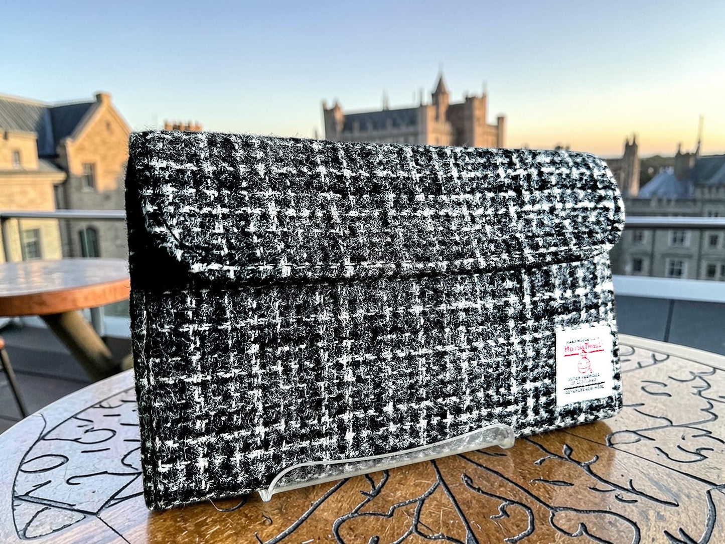 Trifold Harris Tweed Wallet Black White Grey Crosshatch Pattern with Magnetic Closure