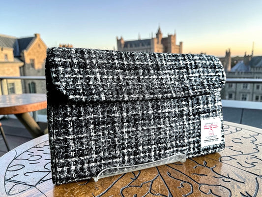 Trifold Harris Tweed Wallet Black White Grey Crosshatch Pattern with Magnetic Closure