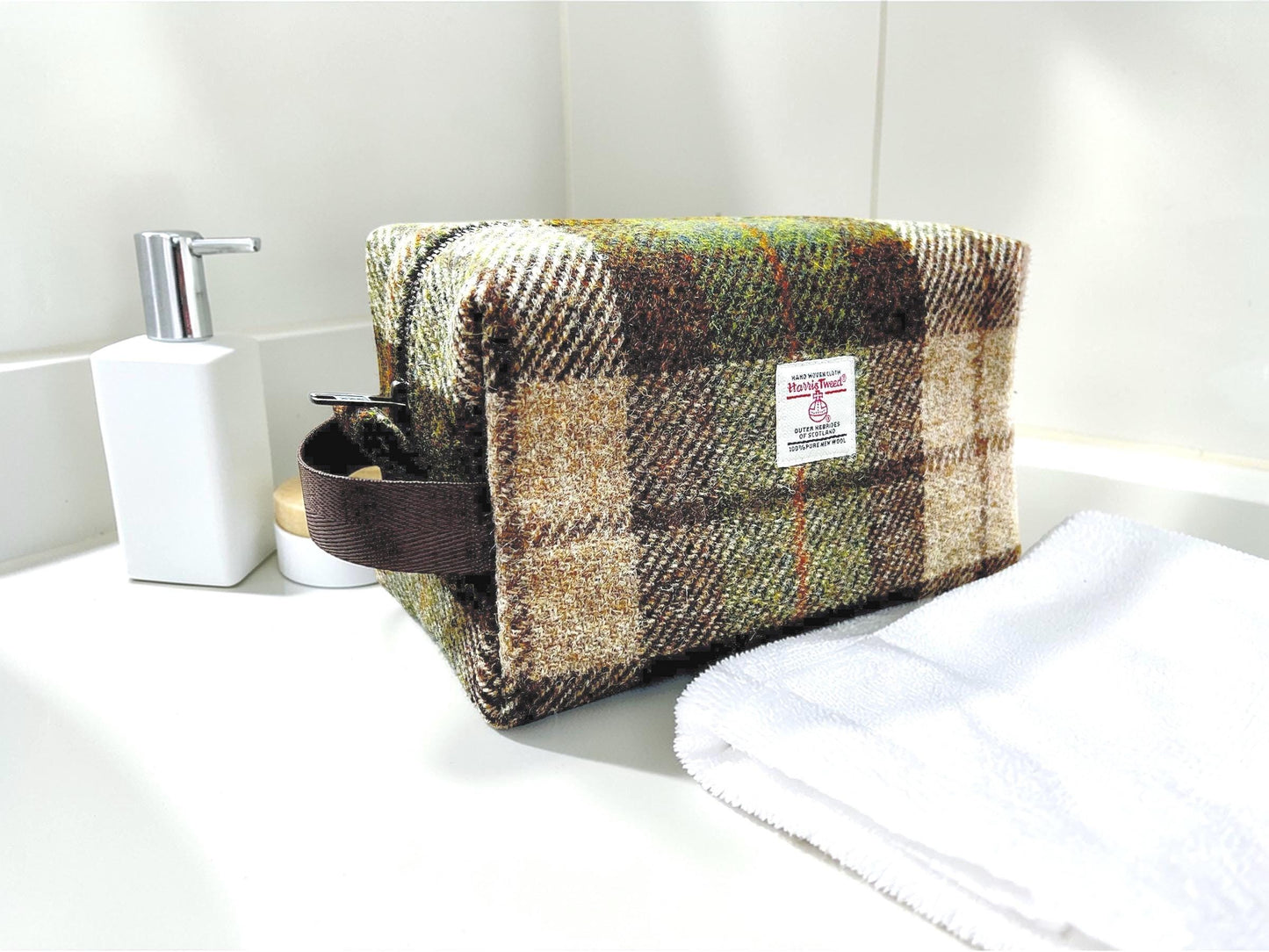 Men's Harris Tweed Dopp Kit, Wool Travel Toiletry Bag, Waterproof Lining, Daily Essentials