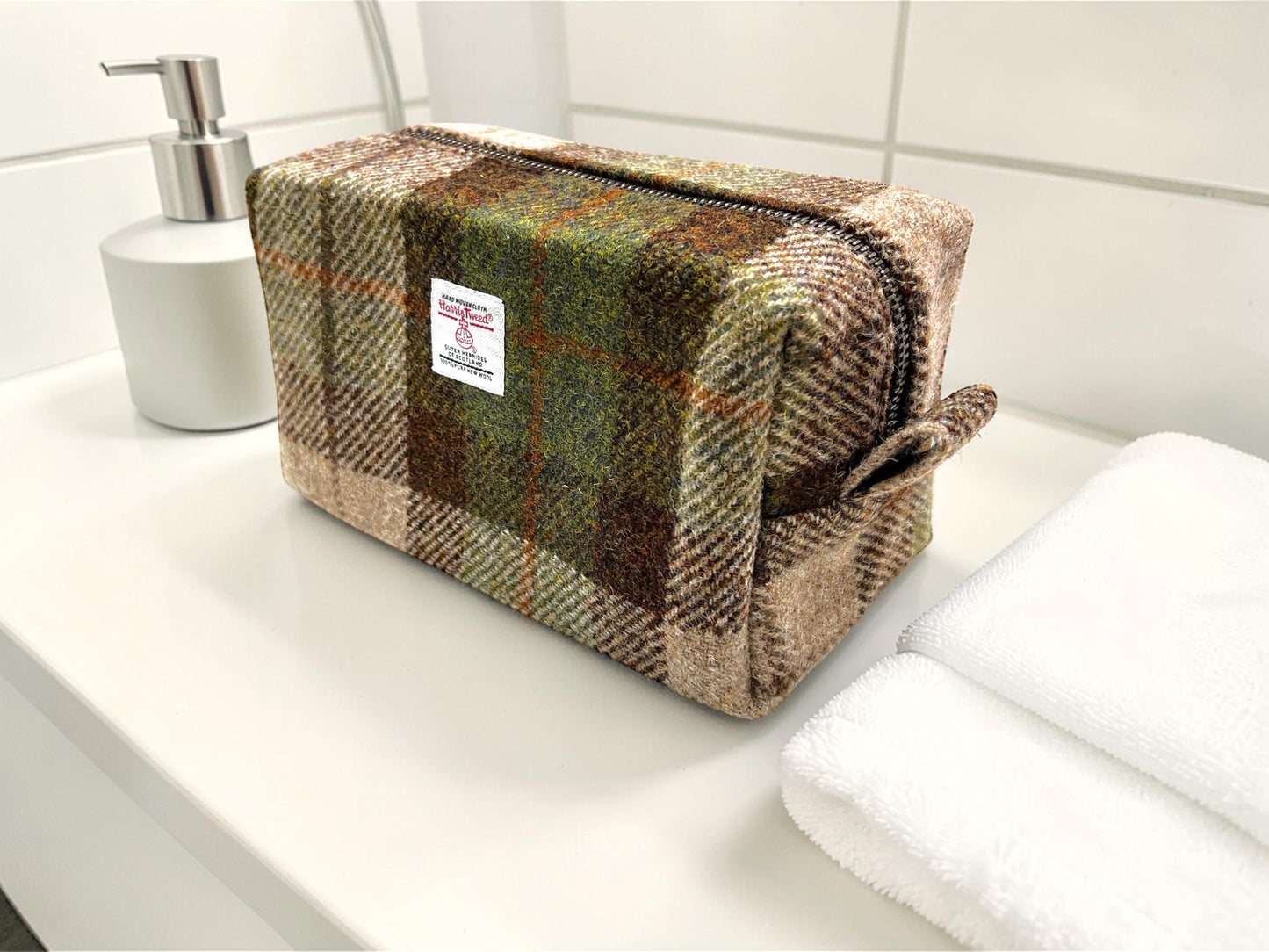 Men's Harris Tweed Dopp Kit, Wool Travel Toiletry Bag, Waterproof Lining, Daily Essentials