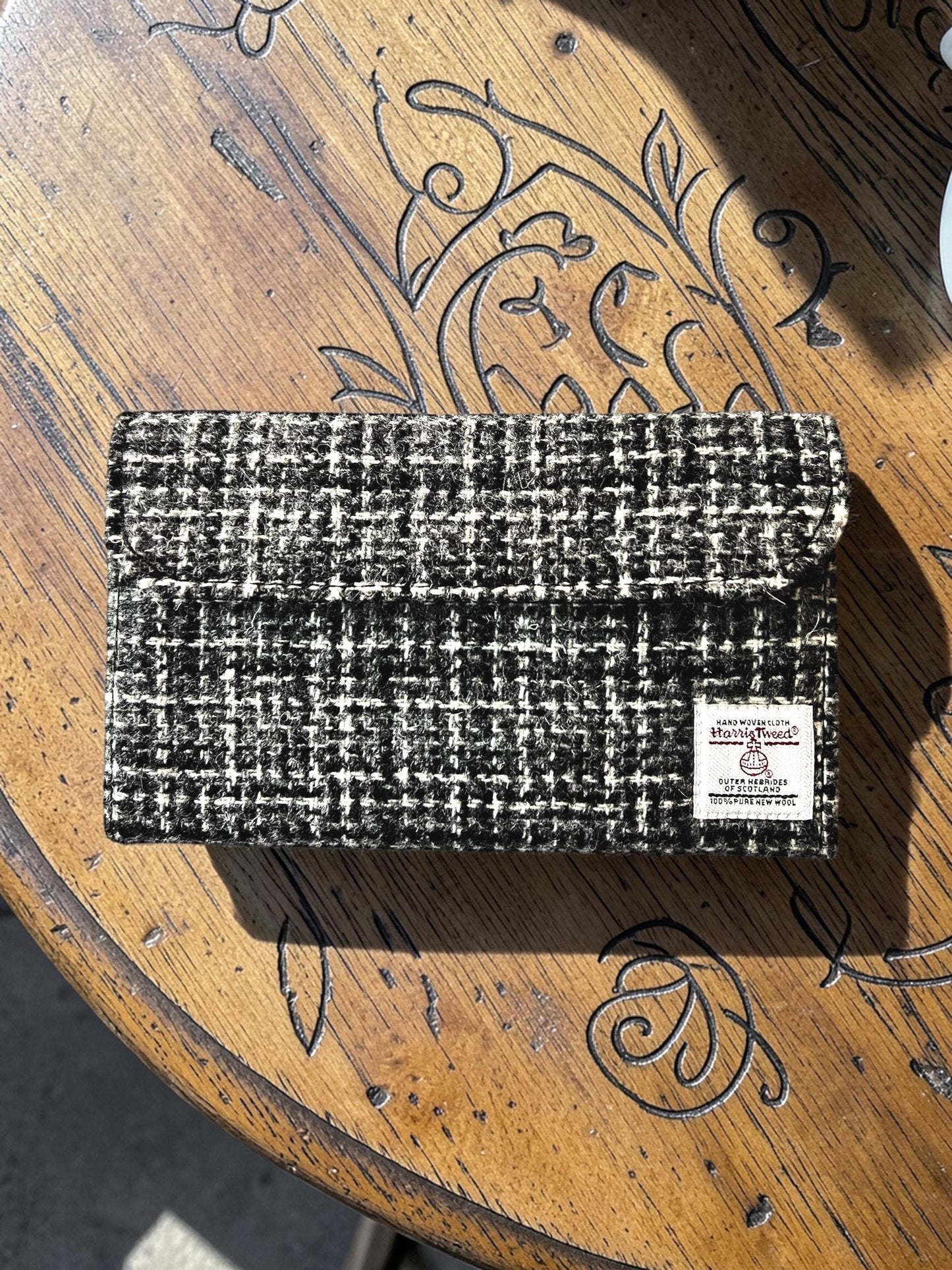Trifold Harris Tweed Wallet Black White Grey Crosshatch Pattern with Magnetic Closure