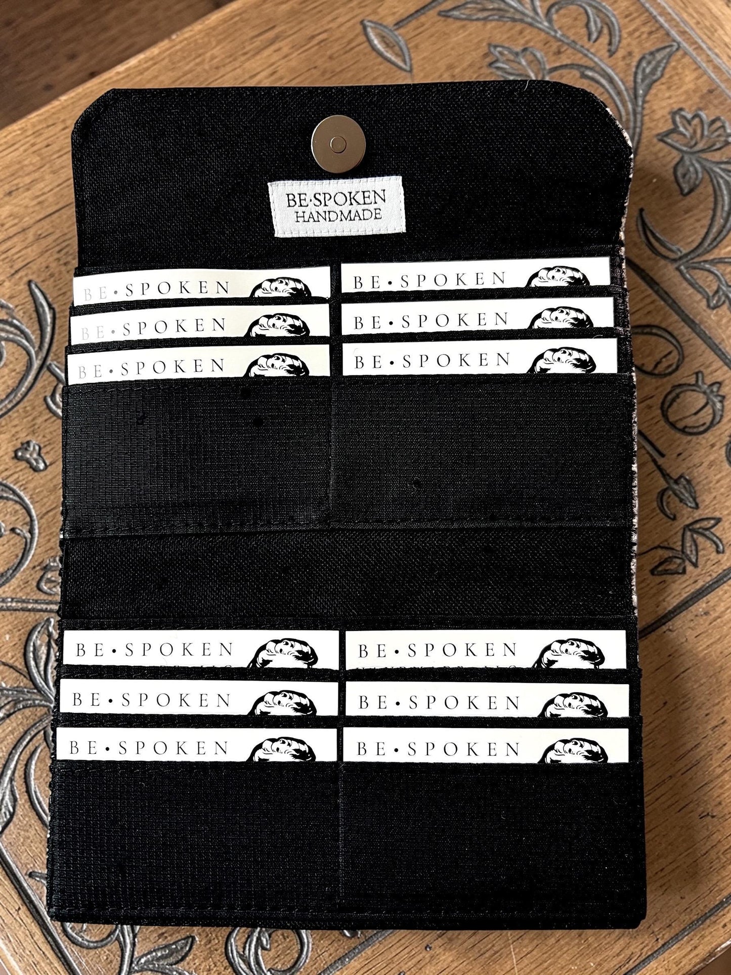 Trifold Harris Tweed Wallet Black White Grey Crosshatch Pattern with Magnetic Closure