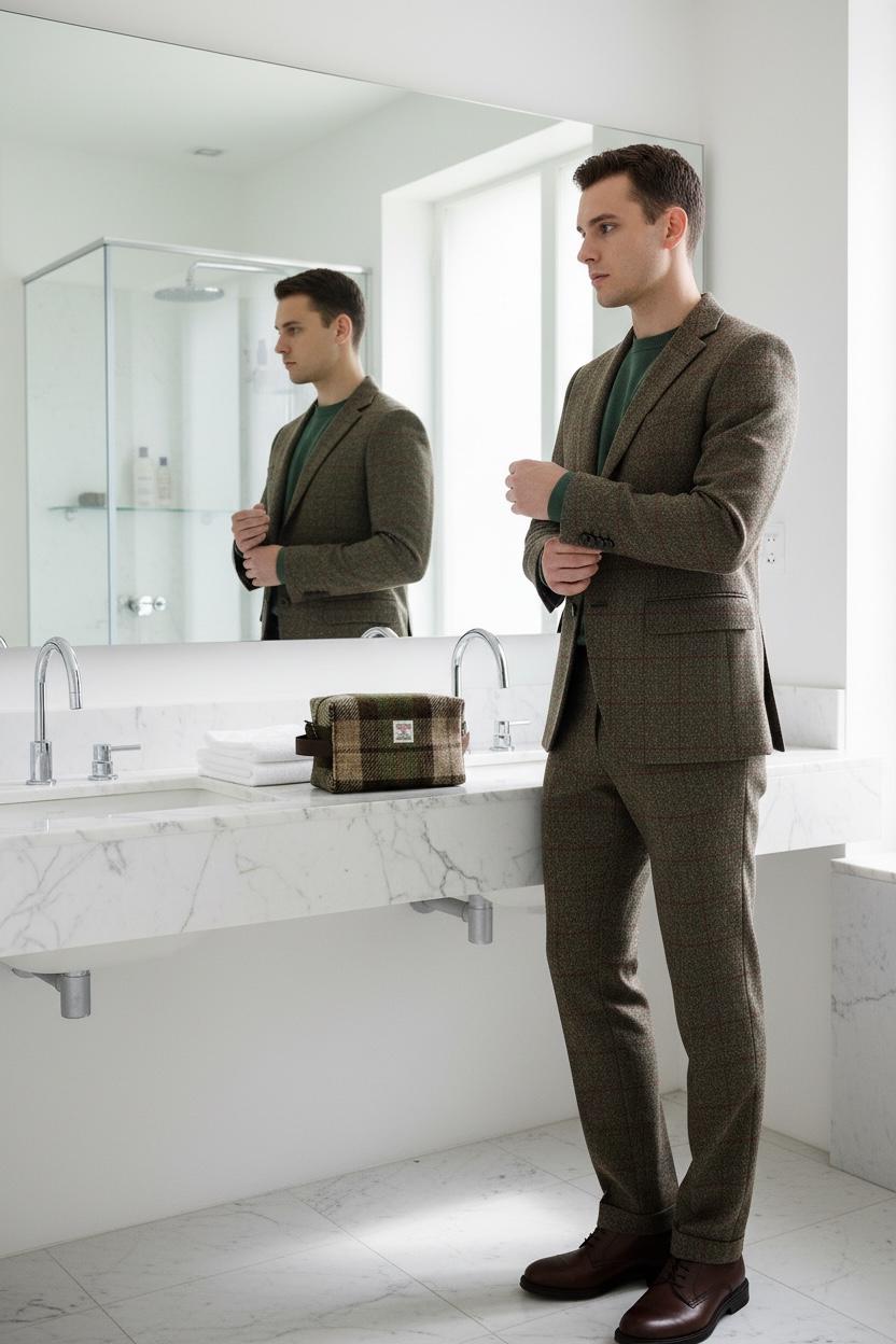 Men's Harris Tweed Dopp Kit, Wool Travel Toiletry Bag, Waterproof Lining, Daily Essentials