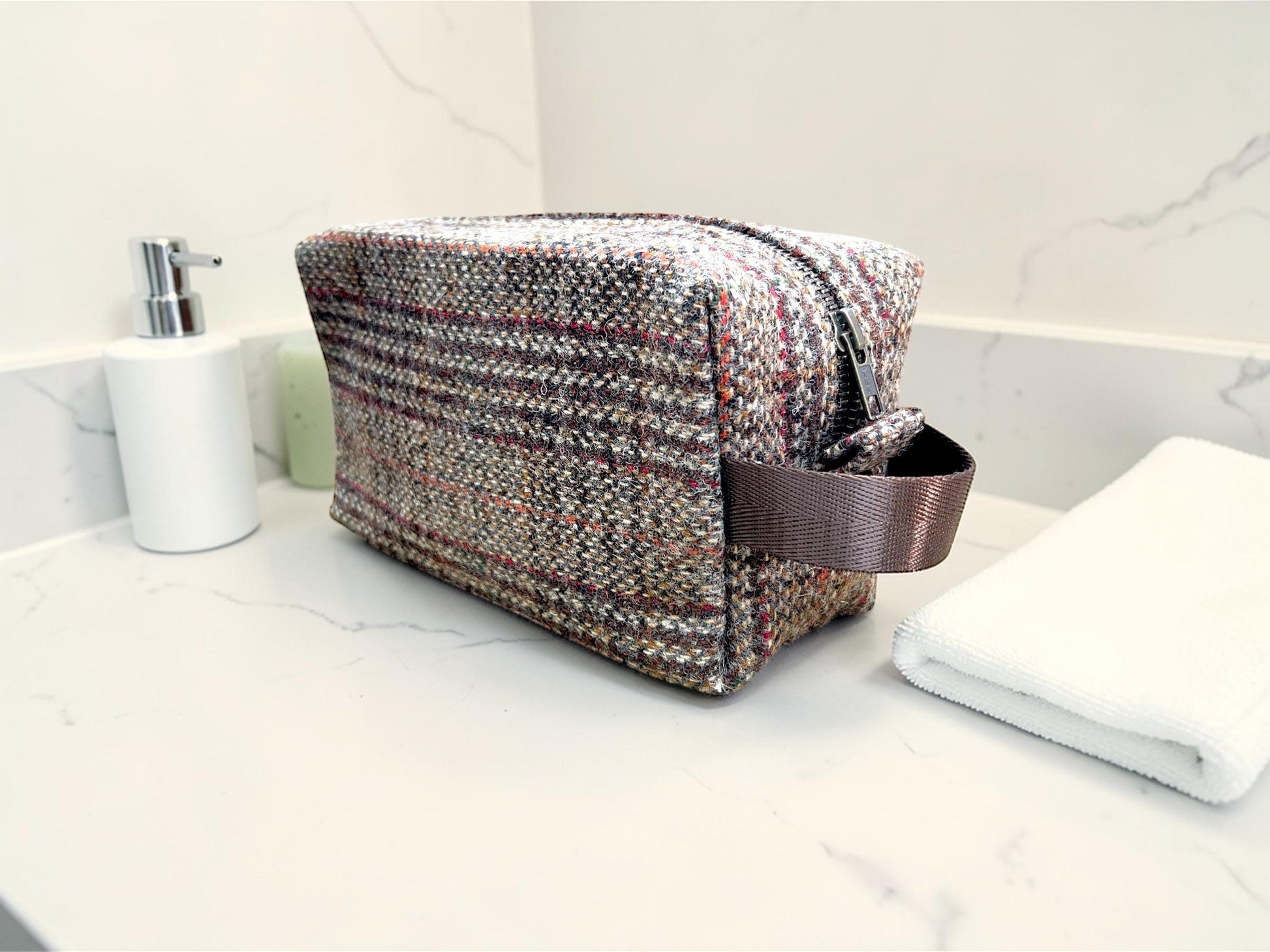 Men's Harris Tweed Dopp Kit, Minimalist Wool Travel Toiletry Bag