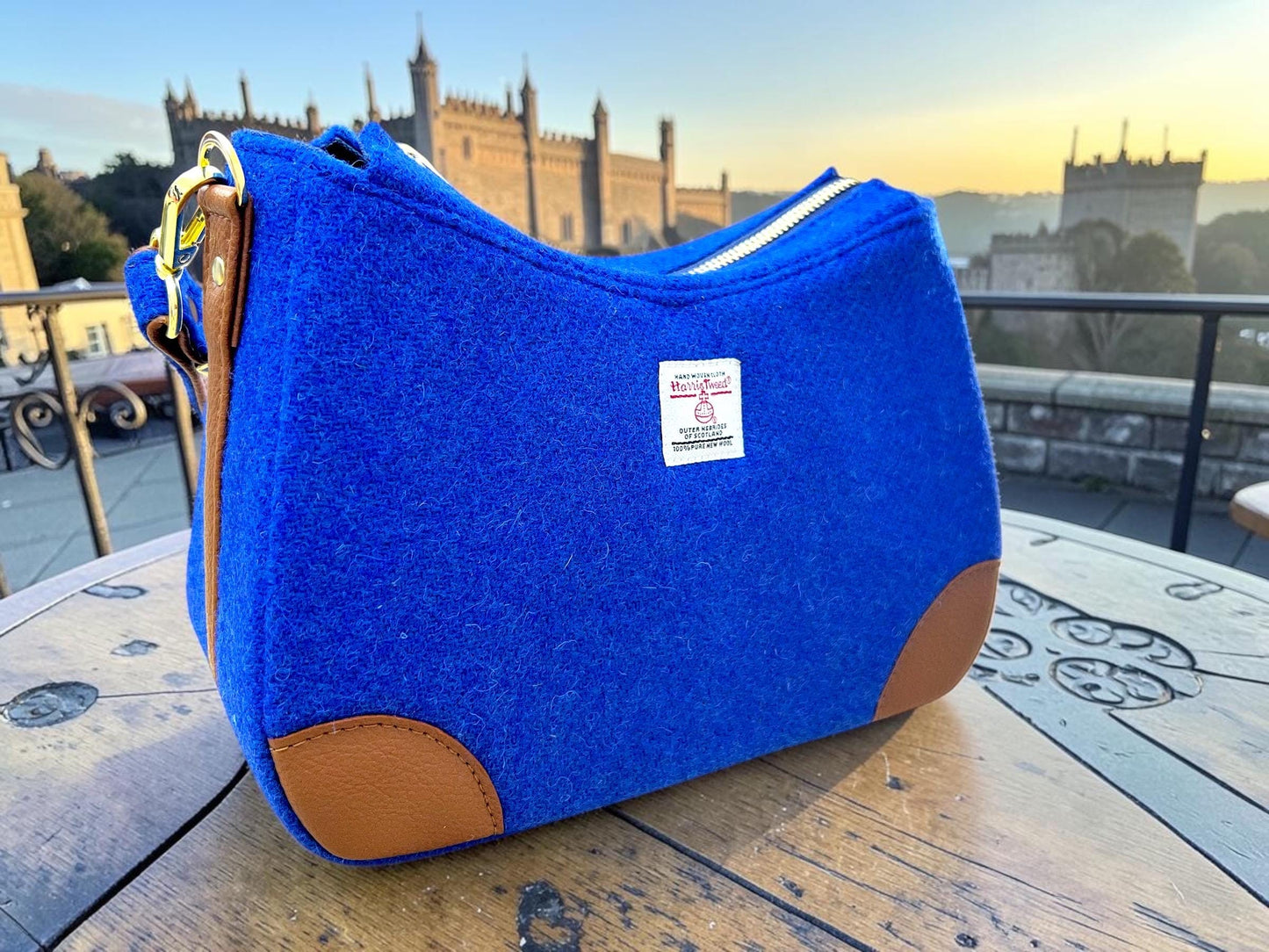 Harris Tweed Shoulder Bag: Two Tone Faux Leather Strap Purse Kentucky Royal Blue