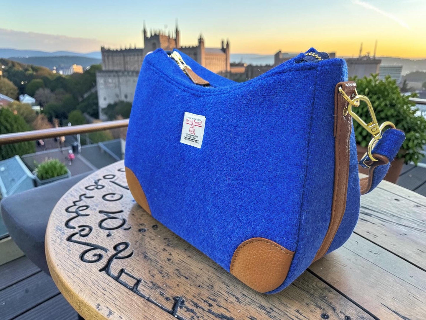 Harris Tweed Shoulder Bag: Two Tone Faux Leather Strap Purse Kentucky Royal Blue