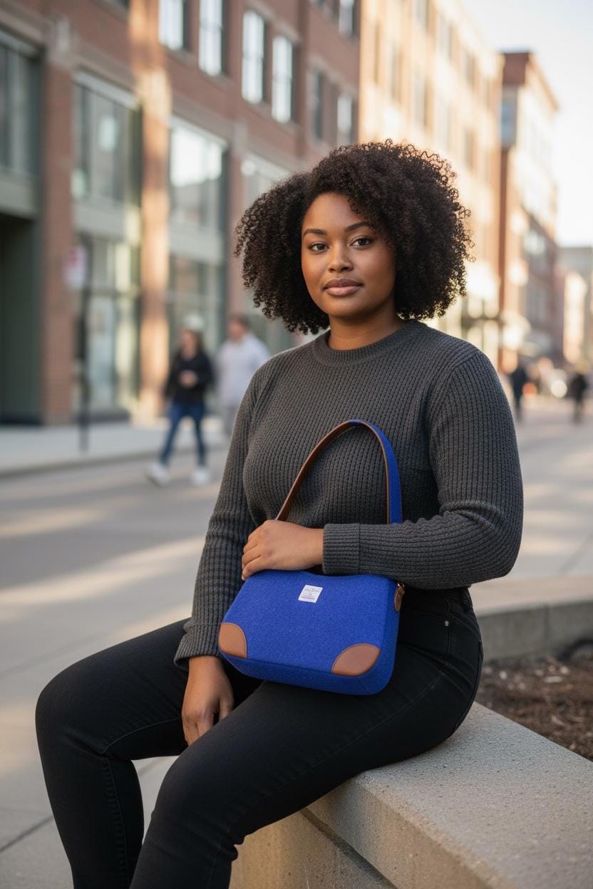 Harris Tweed Shoulder Bag: Two Tone Faux Leather Strap Purse Kentucky Royal Blue