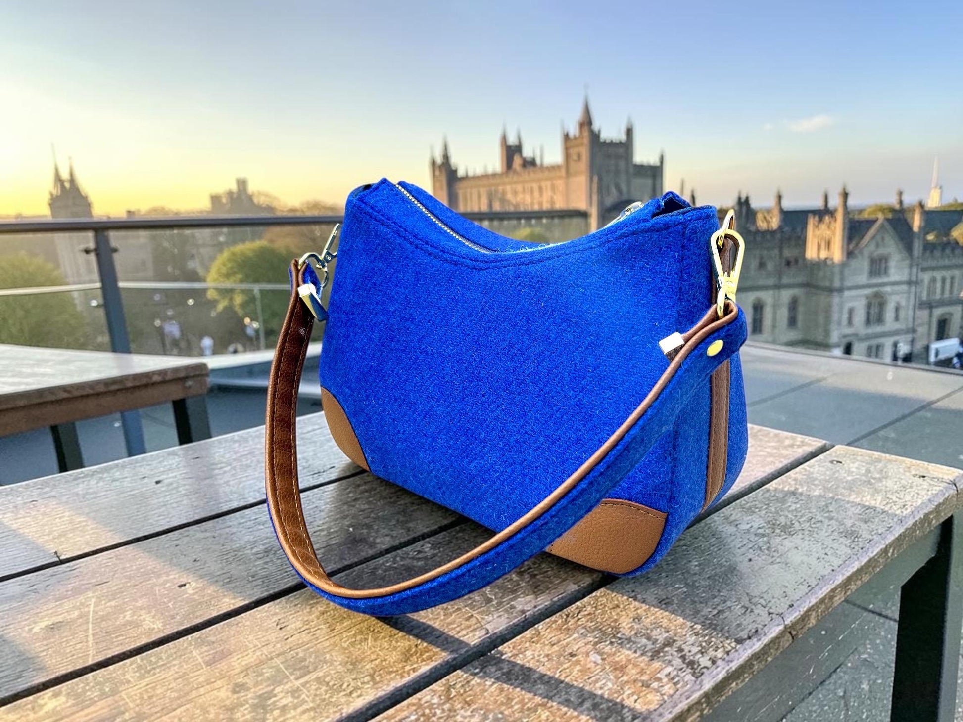 Harris Tweed Shoulder Bag: Two Tone Faux Leather Strap Purse Kentucky Royal Blue