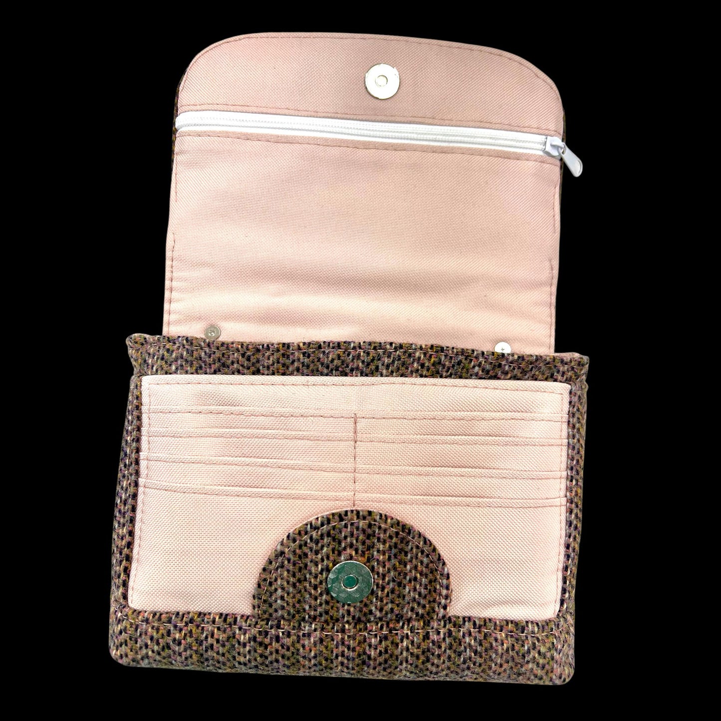 Harris Tweed Small Crossbody Wallet Purse Light Pink, Olive. Black