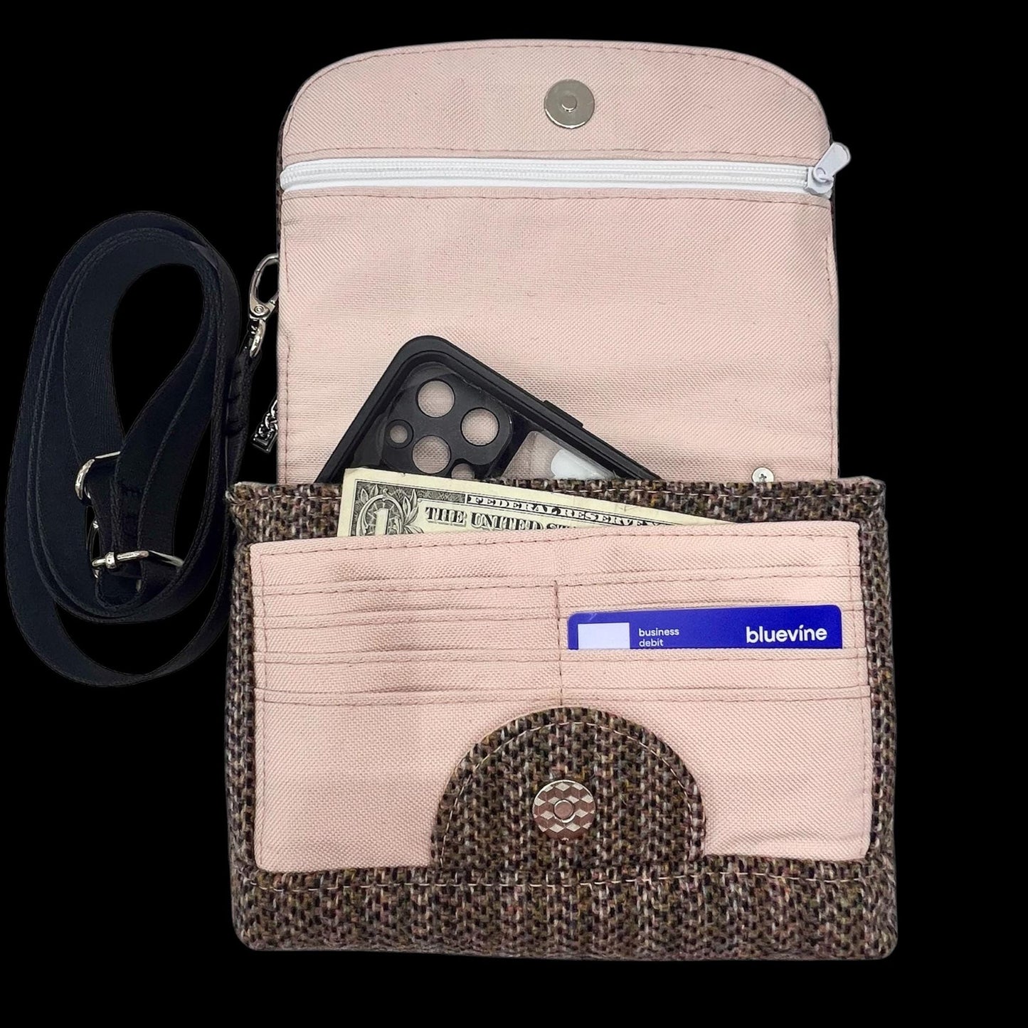 Harris Tweed Small Crossbody Wallet Purse Light Pink, Olive. Black