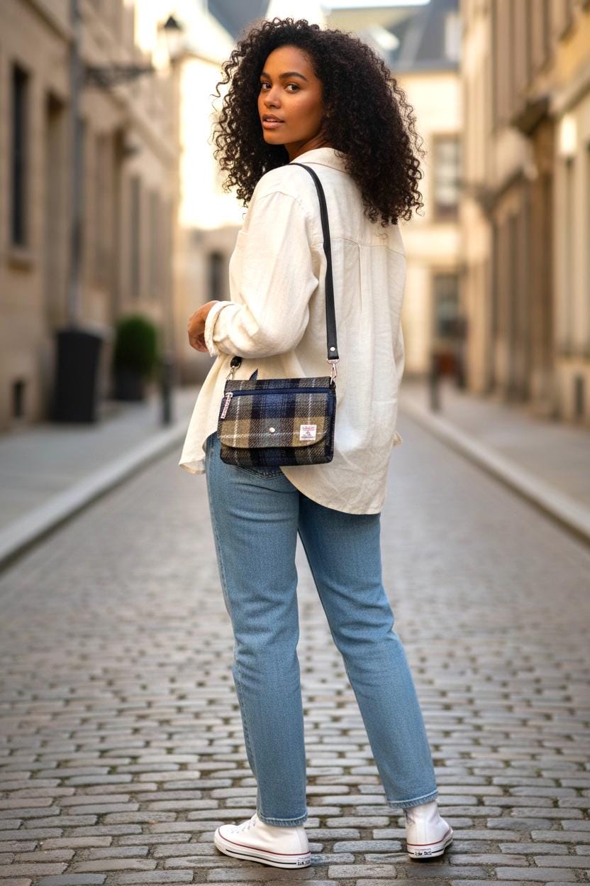 Harris Tweed Small Crossbody Wallet Purse Khaki, Navy Blue, White