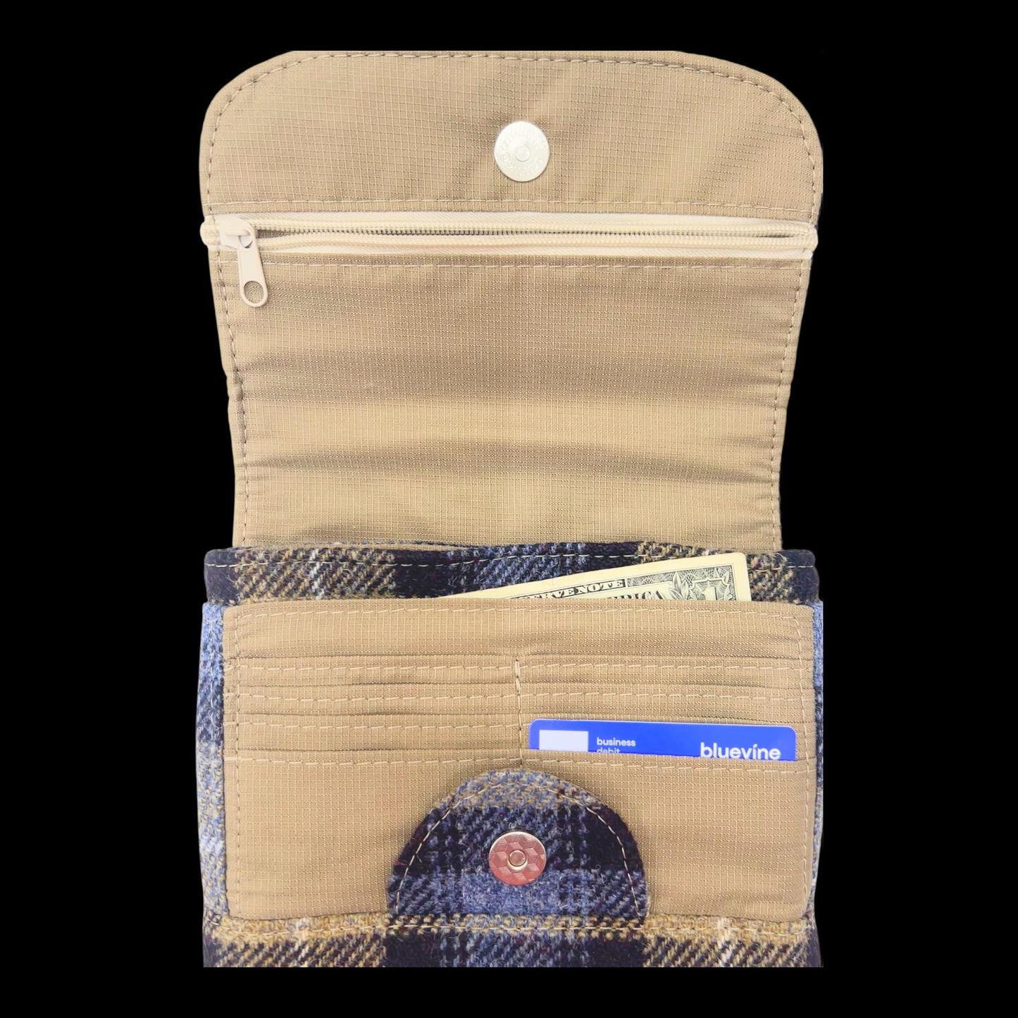 Harris Tweed Small Crossbody Wallet Purse Khaki, Navy Blue, White
