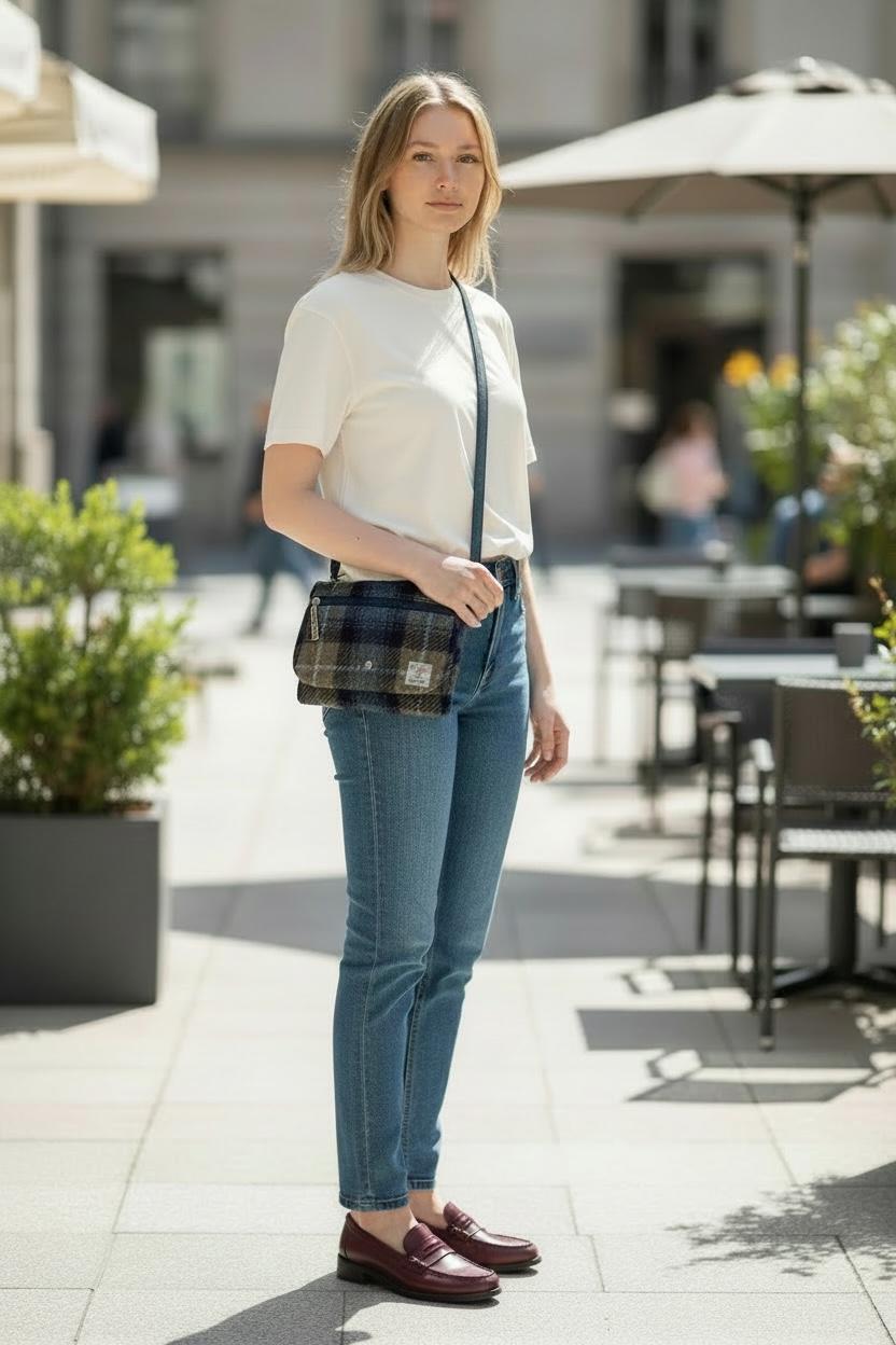 Harris Tweed Small Crossbody Wallet Purse Khaki, Navy Blue, White