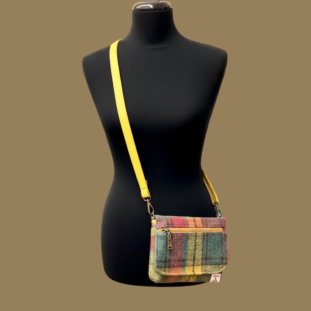 Harris Tweed Small Crossbody Wallet Purse Yellow Blue Pink