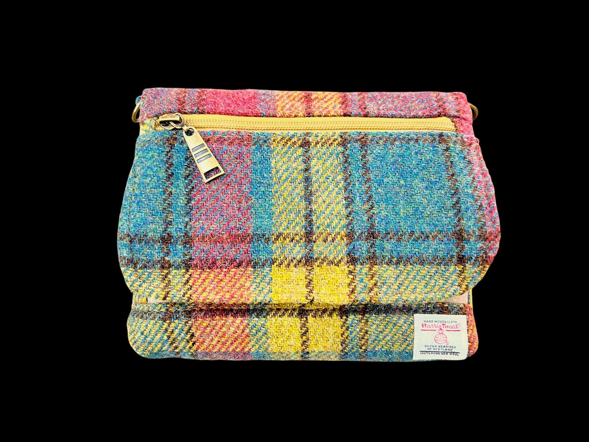 Harris Tweed Small Crossbody Wallet Purse Yellow Blue Pink