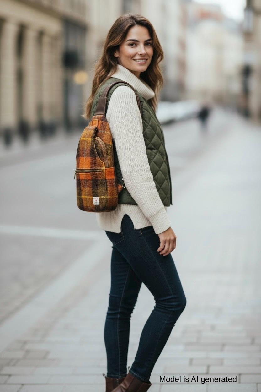 Harris Tweed Retro Sling Crossbody Purse Rust Orange Brown
