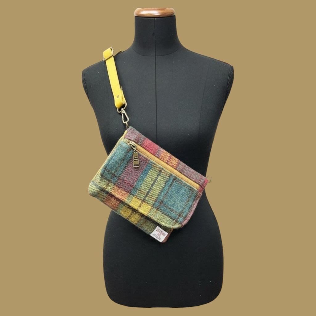 Harris Tweed Small Crossbody Wallet Purse Yellow Blue Pink