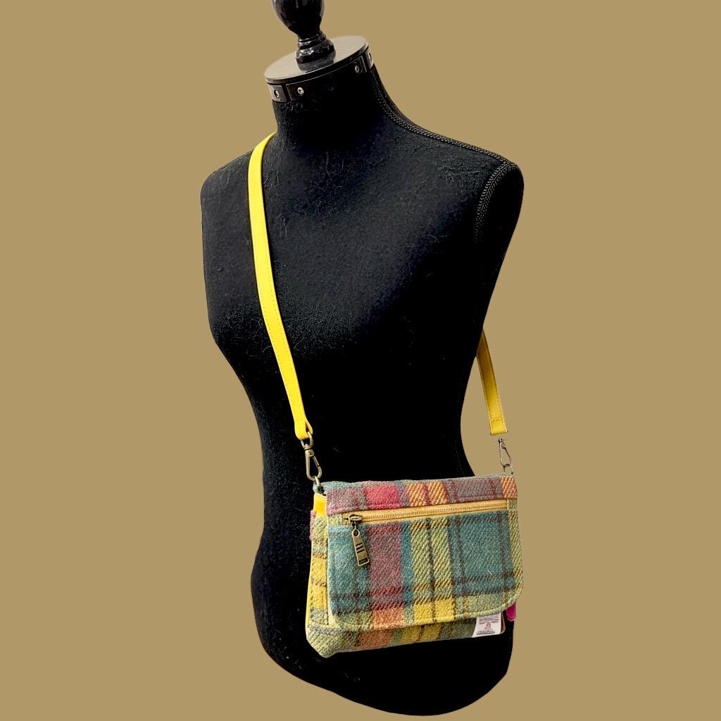 Harris Tweed Small Crossbody Wallet Purse Yellow Blue Pink