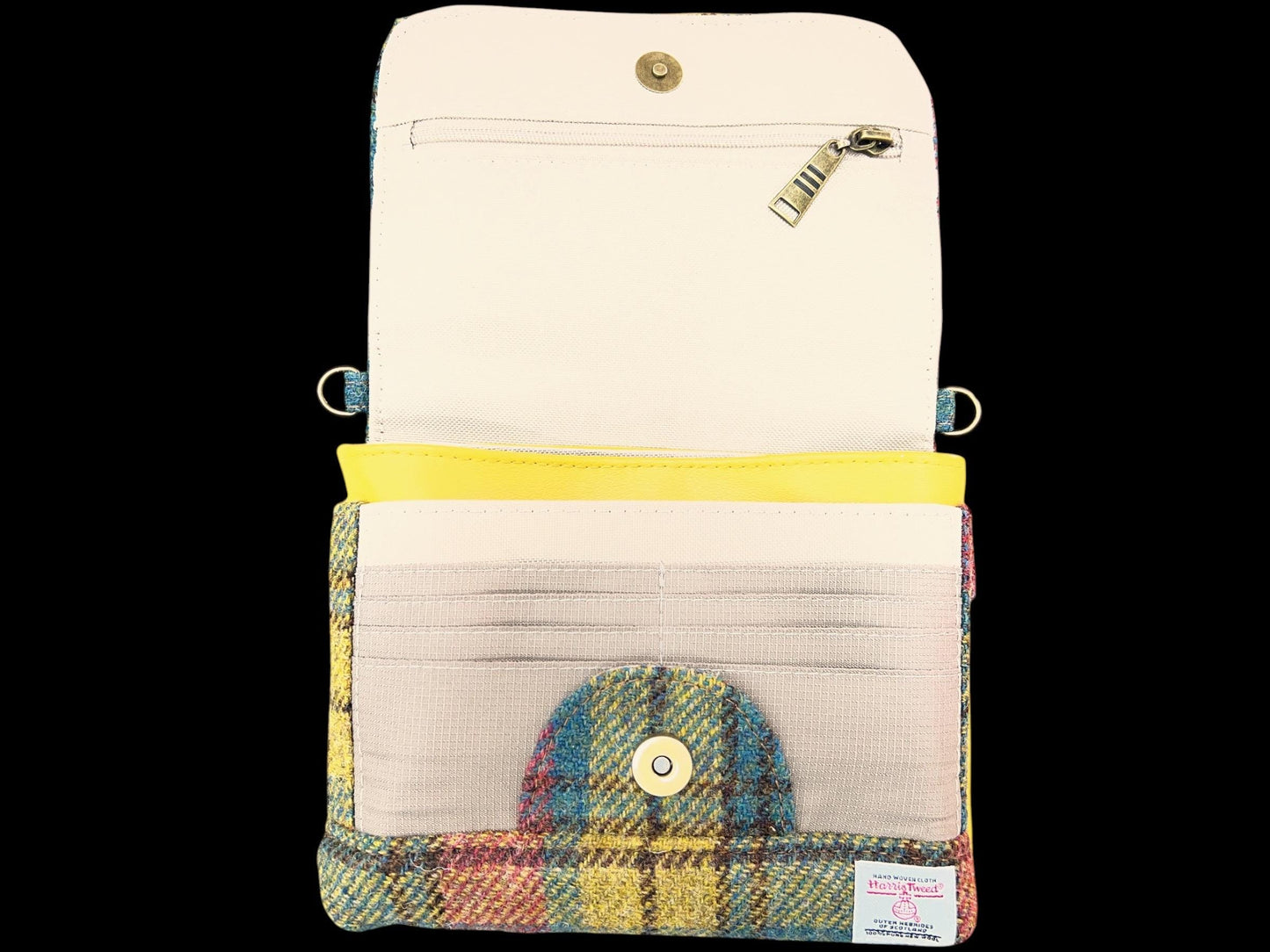 Harris Tweed Small Crossbody Wallet Purse Yellow Blue Pink