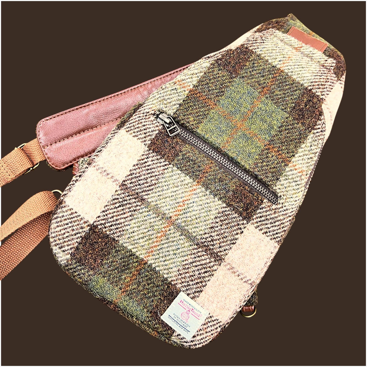 Harris Tweed Retro Sling Crossbody Purse Beige Olive Brown