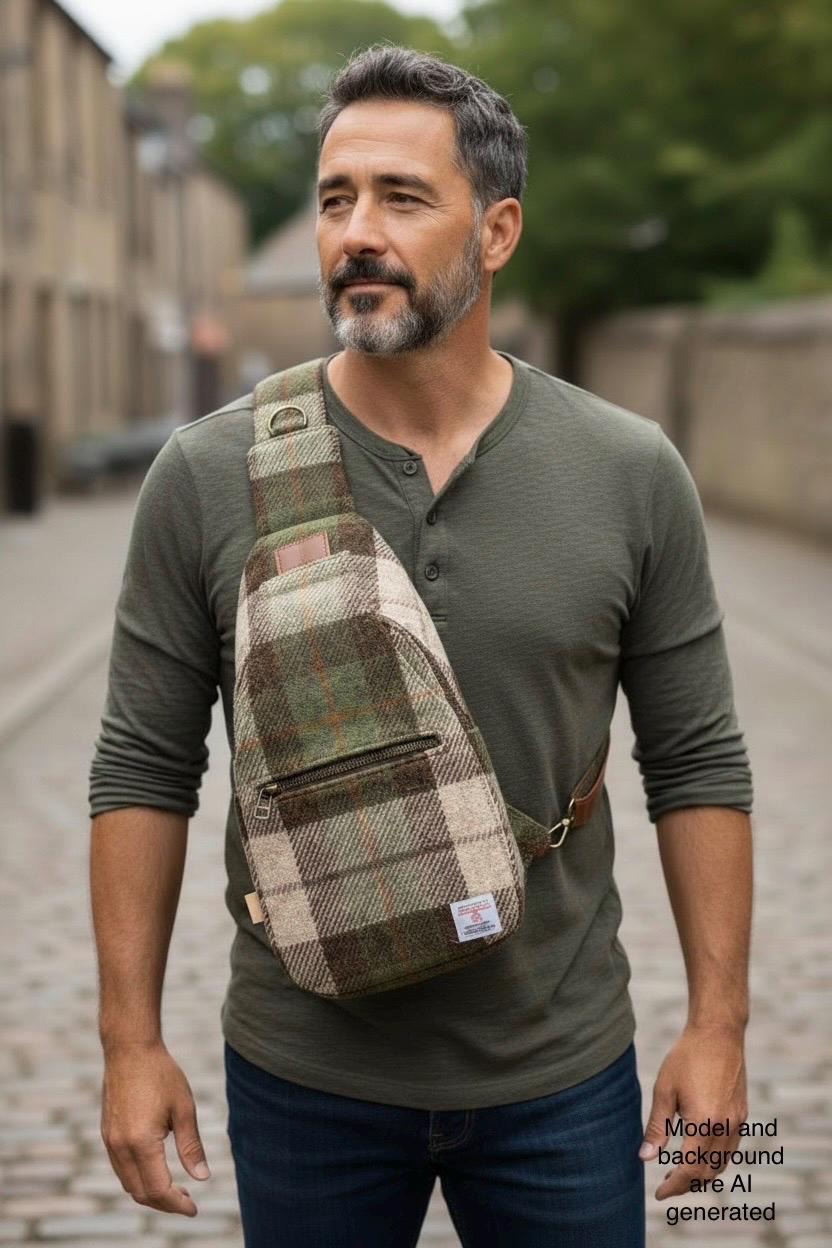 Harris Tweed Retro Sling Crossbody Purse Beige Olive Brown