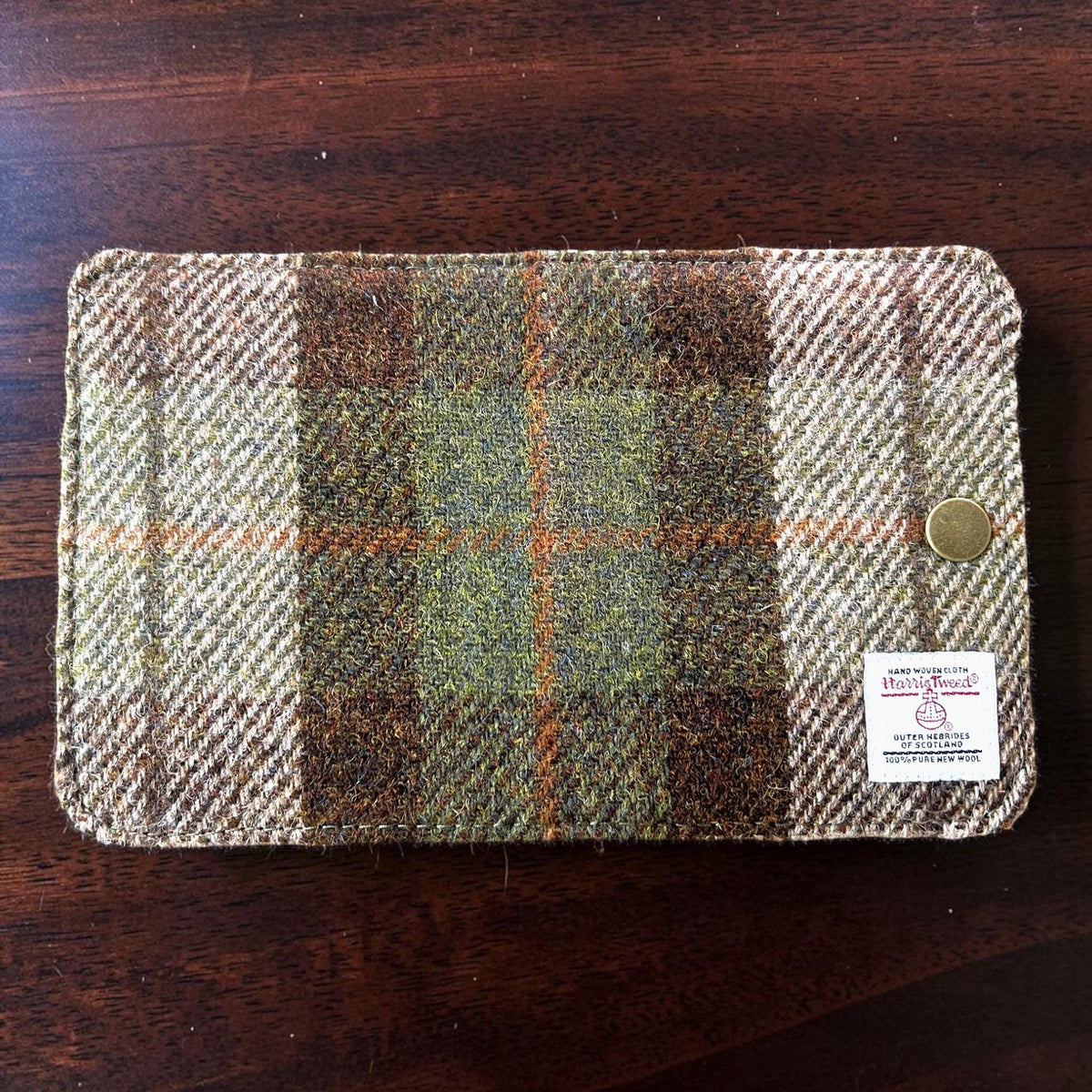 Harris Tweed Passport Cover with Credit Card Slots With Snap Closure Beige Olive Brown