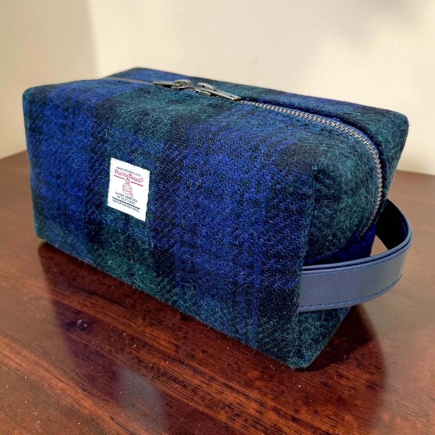 Men's Harris Tweed Dopp Kit, Minimalist Wool Travel Toiletry Bag, Blackwatch Tartan