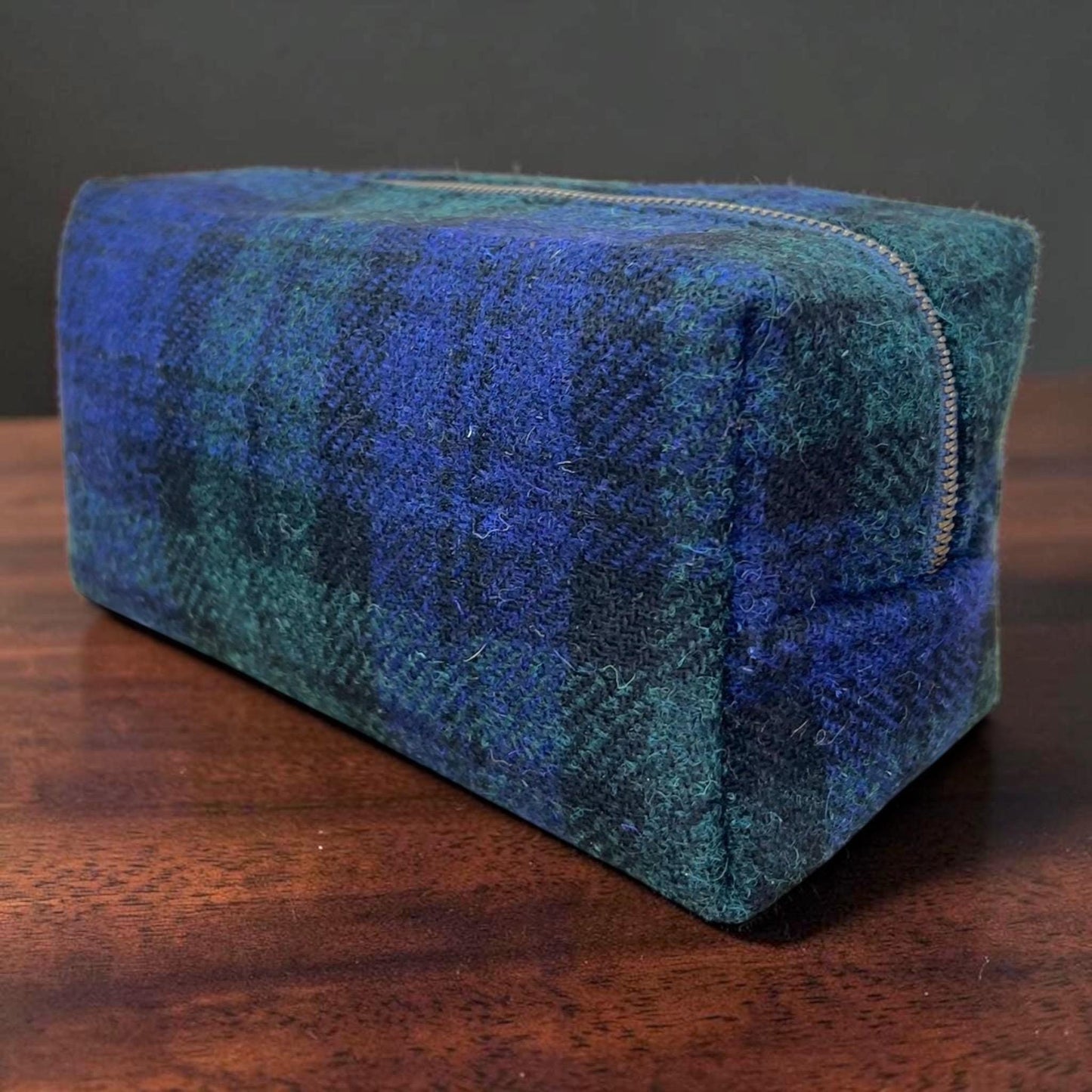 Men's Harris Tweed Dopp Kit, Minimalist Wool Travel Toiletry Bag, Blackwatch Tartan